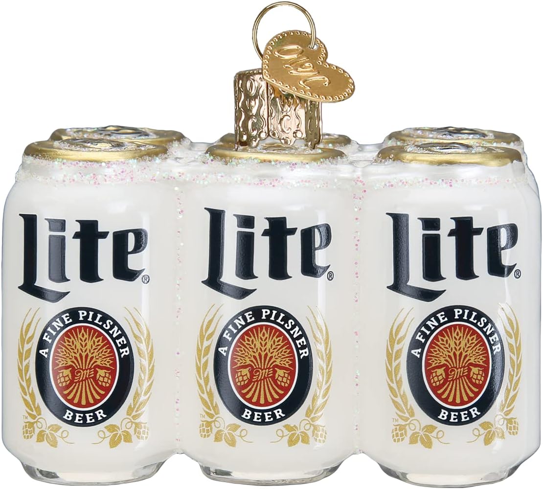 Miller Lite Six Pack Glass Blown Ornament for Christmas Tree, Handcrafted Holiday Decoration, Beer Collection