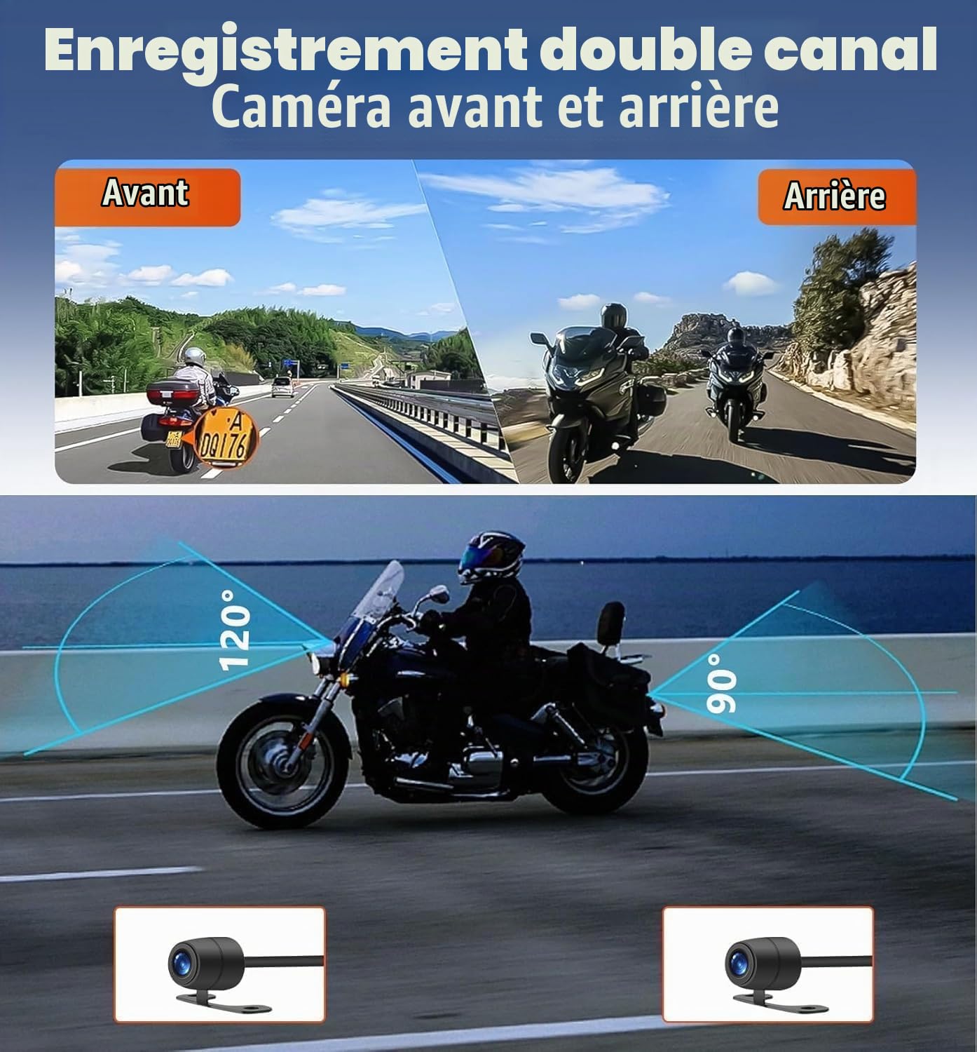 CAMECHO Moto Dashcam 3 Pouces, IP67 Étanche Double Caméra Grand Angle 120 Degrés 90 Degrés Caméra pour Moto avec HDR, Capteur G, Enregistrement en Boucle