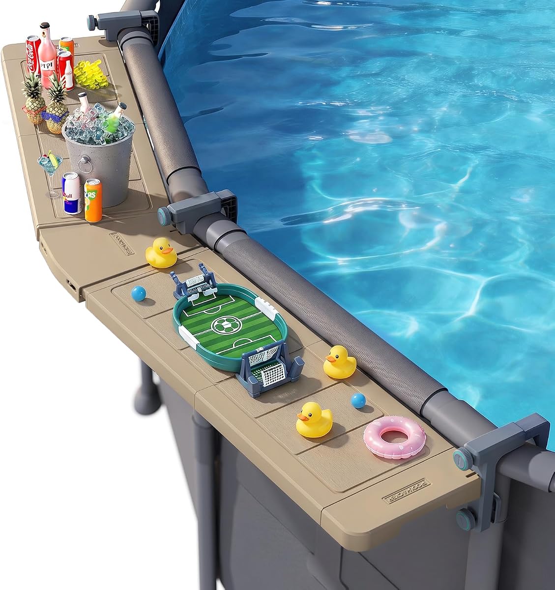 POOLHACKER Extended Poolside Bar for Above-Ground Round Pools, Brown | Extended Tabletop, Stable Surface for Drinks & Snacks, Folds Flat, Weather Resistant