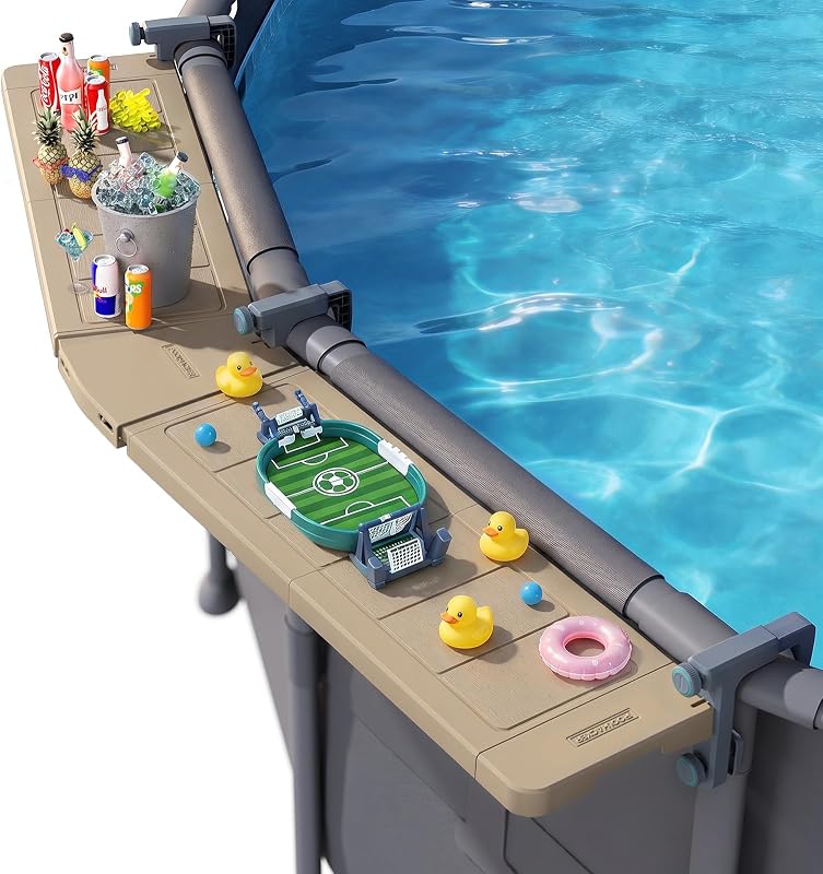 POOLHACKER Extended Poolside Bar for Above-Ground Round Pools, Brown | Extended Tabletop, Stable Surface for Drinks & Snacks, Folds Flat, Weather Resistant