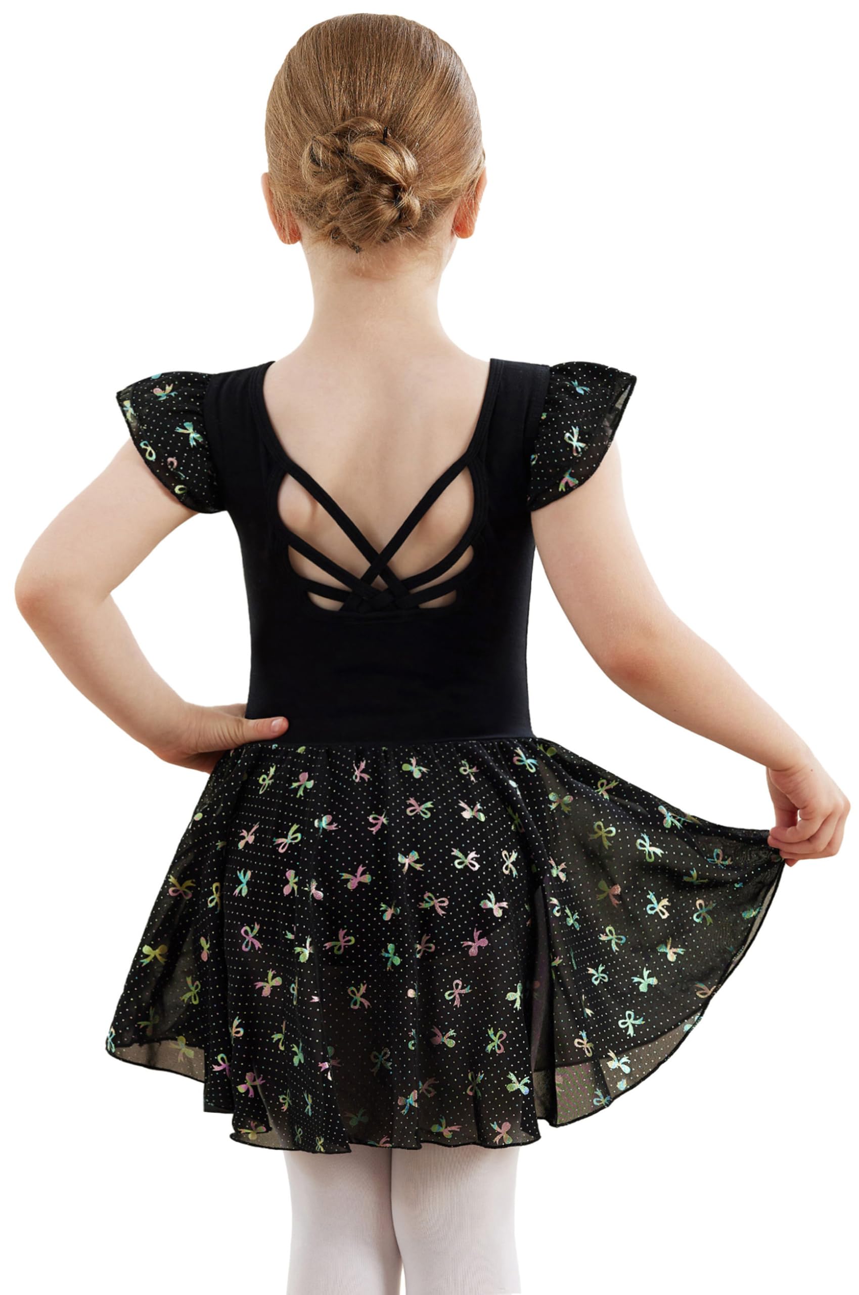 MdnMd Girls Ballet Leotards Toddler Dance Dresses Outfit Soft Ballerina Skirt Shiny Bowknot Ruffle Sleeve Hollow Back