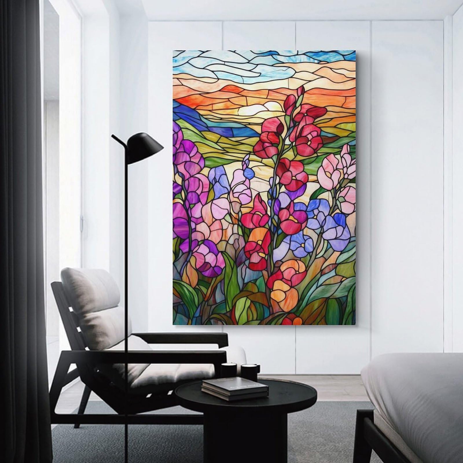 Junmoney Unframe-Style-24 Stained Glass Sunset Flowers Decorative Wall Artwork 20X30inch(50X75cm), For Home Lounge, Bedroom Or Reading Nook, Modern Wall Decor For Cosy Interiors