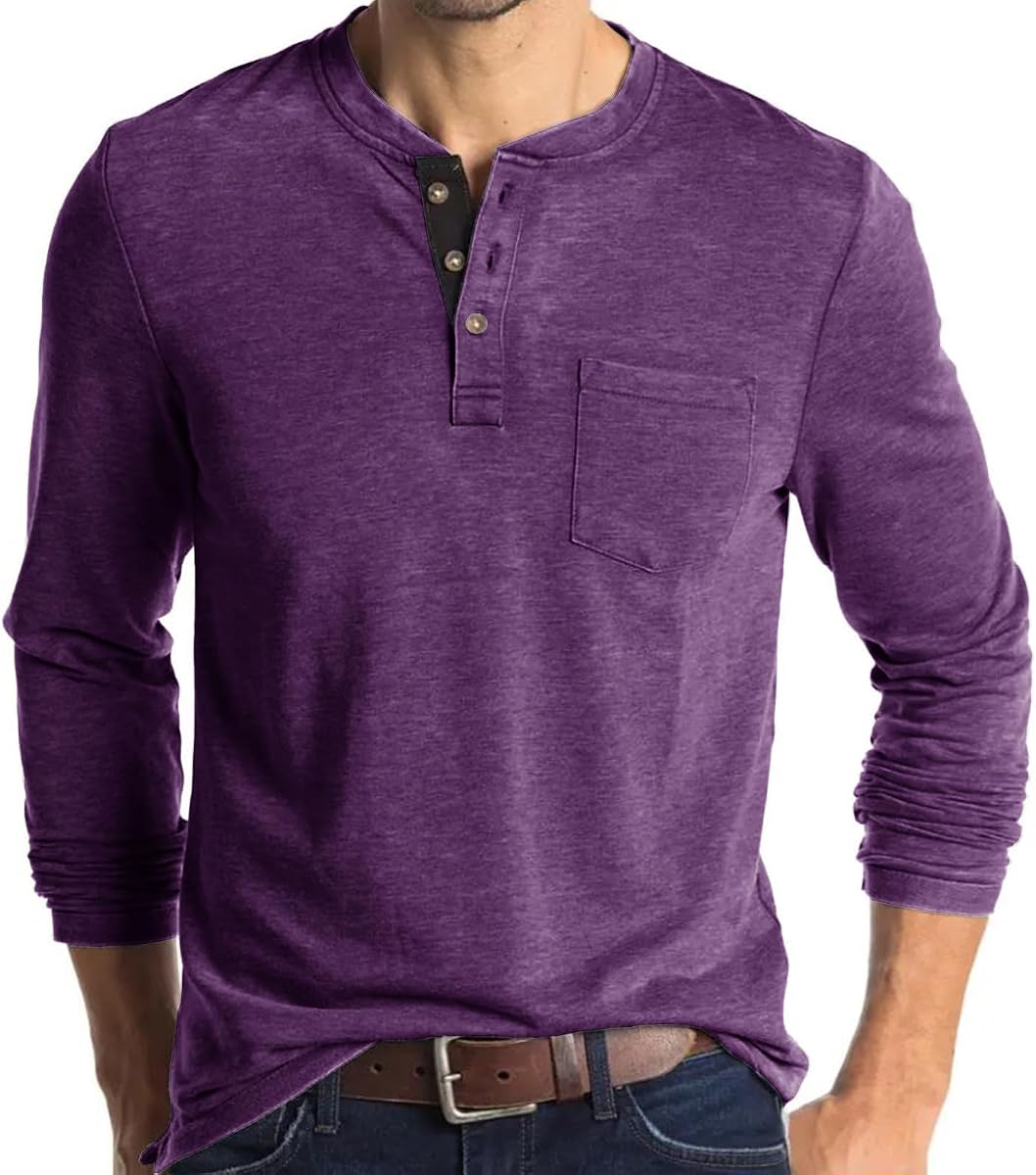 Polo Shirts for Men Long Sleeve Solid Henley Shirt Causal Button Down T-Shirts Vintage Solid Loose Pullover Tops