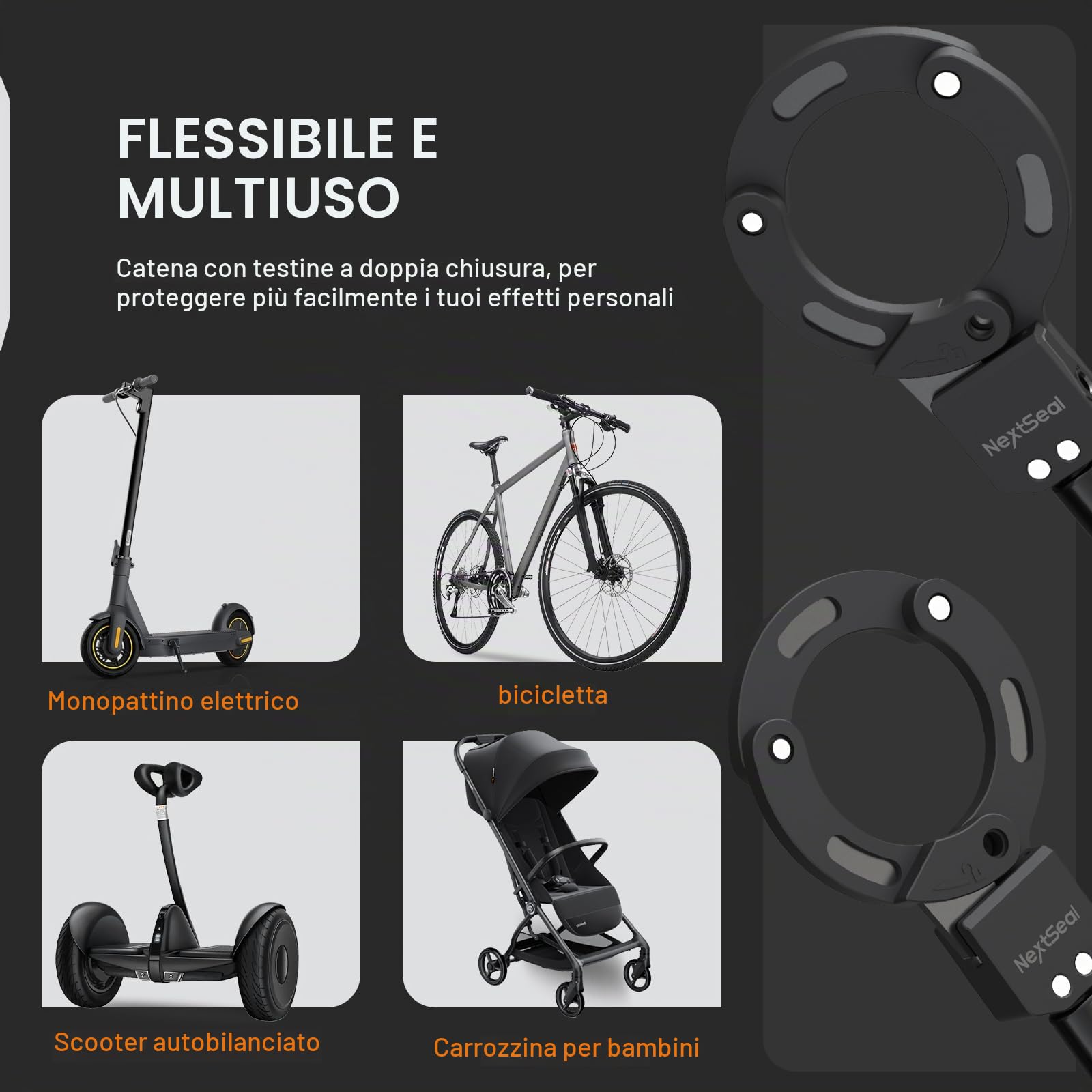Lucchetto Monopattino Elettrico, Lucchetto per Bici con Borsa | Chiusura Senza Chiave, 90cm Antifurto a Manette con Chiave – Catena Spessa ad Alta Sicurezza per Bicicletta, Scooter