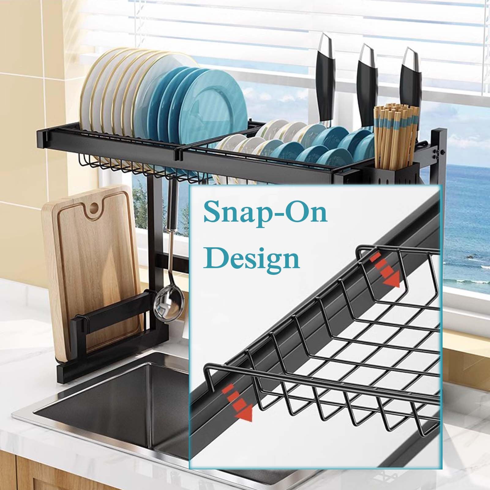 Escurridor de Platos para encimera de Cocina sobre el Fregadero, 90 x 30 x 50 cm, escurridor de Platos Negro sobre el Fregadero, escurridor de Acero Inoxidable para Cocina, Estante organizad