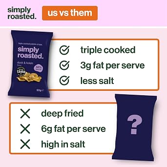 Simply Roasted - Duck & Hoisin Crisps | 12 x 93g Sharer Bags | Rich & Savoury | 50% Less Fat | Under 99 Calories Per Serve | Triple Cooked for the Ultimate Crunch | Gluten & Allergen-Free