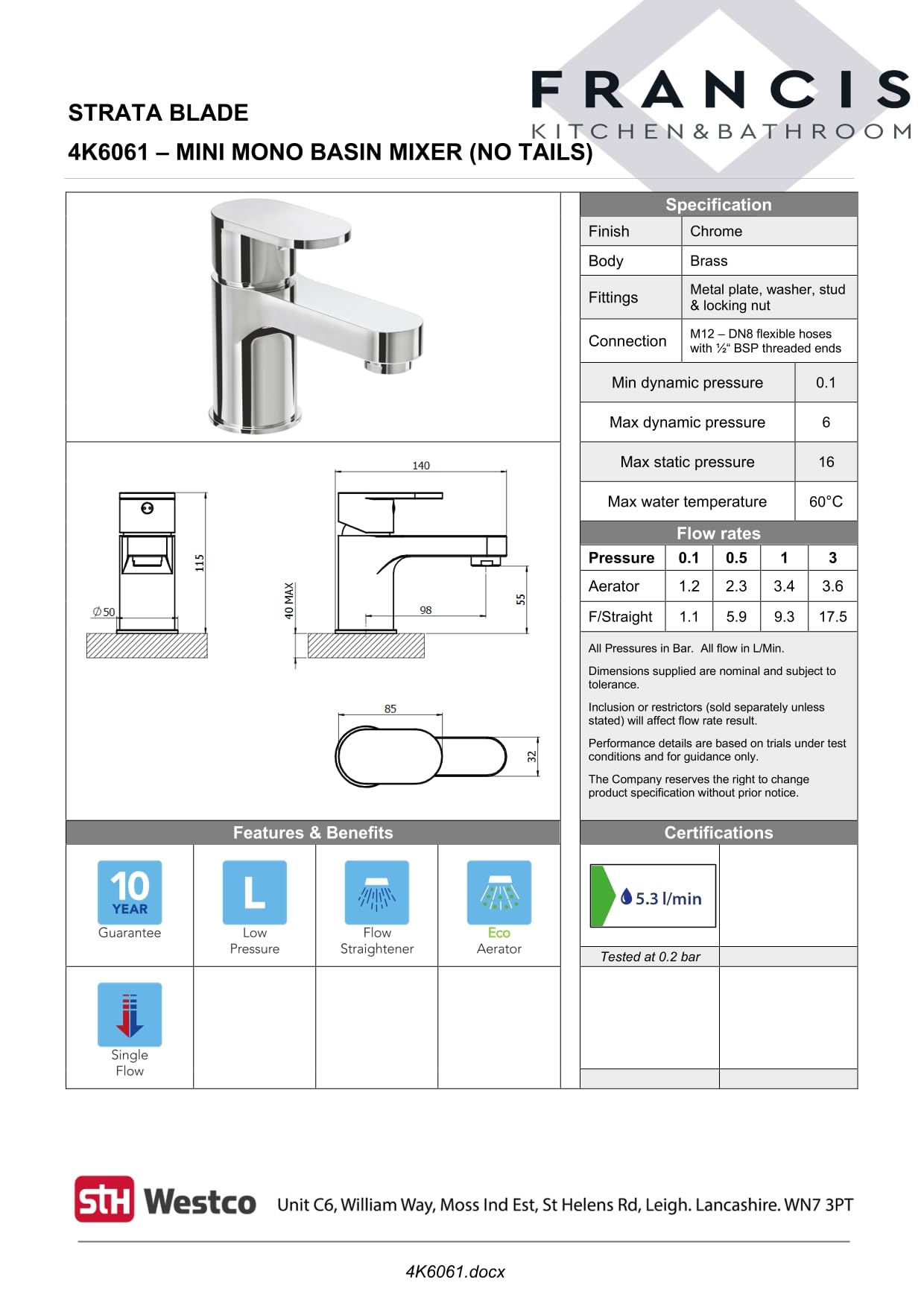 Strata Blade - Mini mezclador monomando para lavabo cromado sin colas, grifo de baño compacto, latón macizo, diseño moderno y duradero