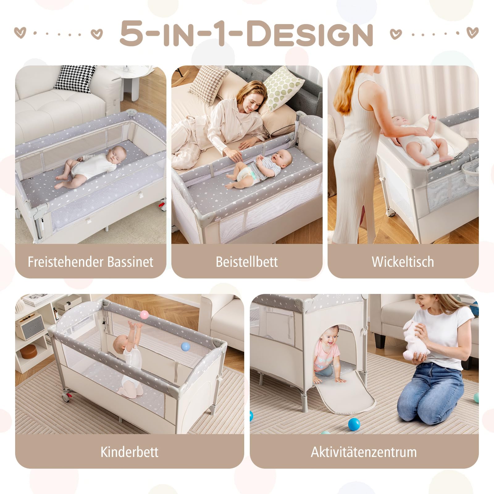 GOPLUS 5 in 1 Baby Beistellbett, Reisebett mit Wickelablage, Laufstall, Spieluhr, Spielzeug & Aufbewahrungskörben, Babybett klappbar mit Tragetasche für Baby bis 3 Jahren (Beige)