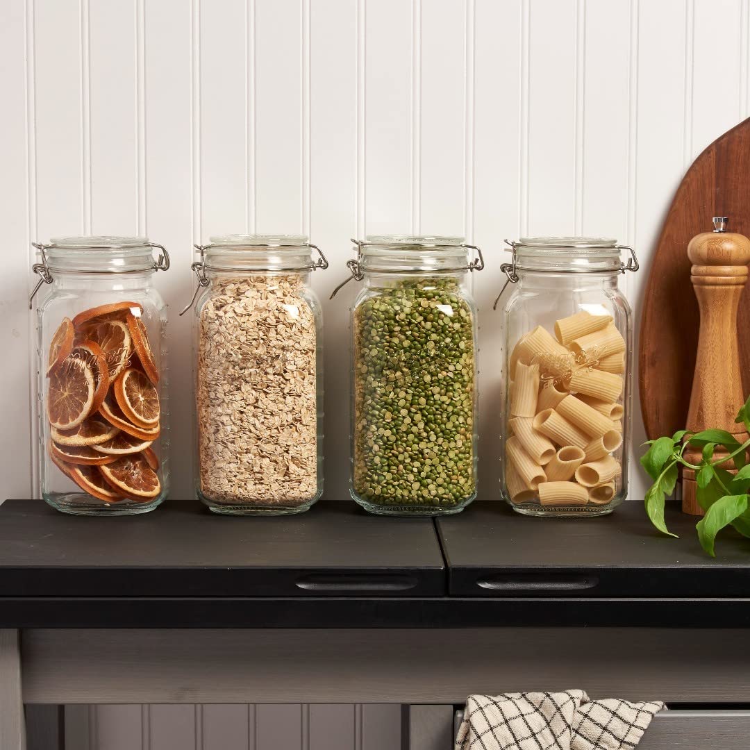 4 tarros de vidrio para almacenamiento de alimentos con tapas herméticas + pizarra y marcador, botes de cocina para harina, azúcar, café, cereales, pasta, enlatado, tarro de galletas con tapa de
