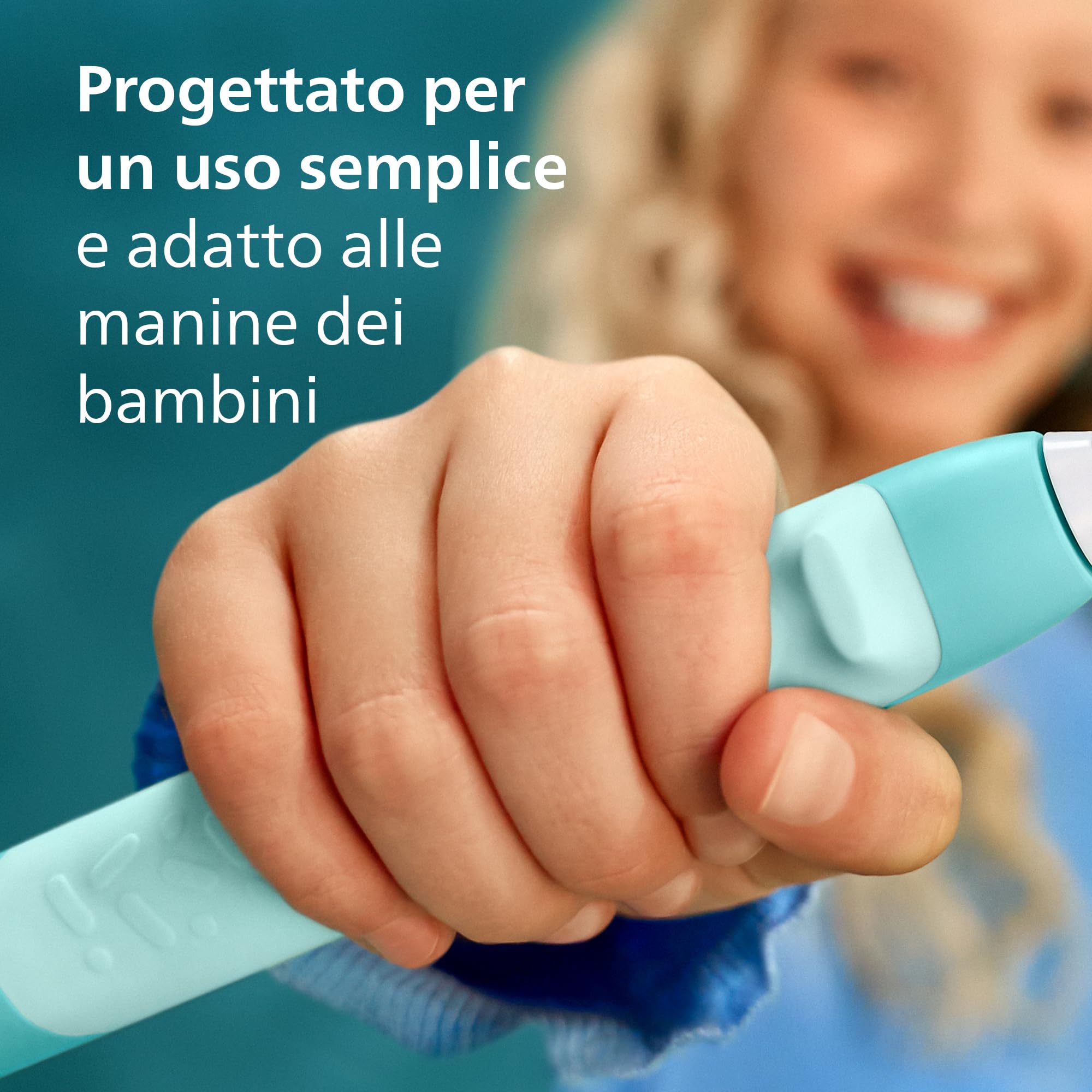 Spazzolino elettrico sonico smart Philips Sonicare for KidsCon app, dai 3 anni in su, 2 modalità delicate, timer da 2 minuti con luci e suoni, 2 testine, verde acqua, modello HX6600/13