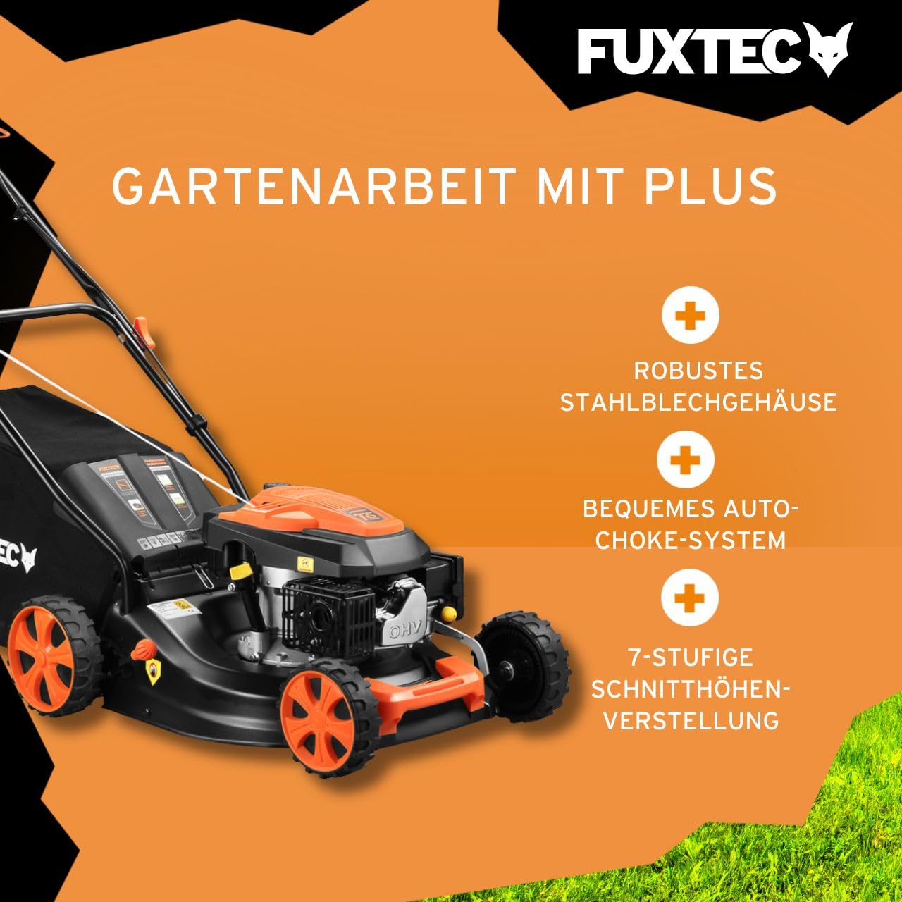 FUXTEC 3in1 Benzin Rasenmäher FX-RM4646ECO • 3,5PS 2,6kW 4-Takt Motor 146ccm • 46cm Schnittbreite 7 Stufen 25–75mm • 50L Fangkorb • Mulchfunktion & Heckauswurf • Leichtgewicht 27kg