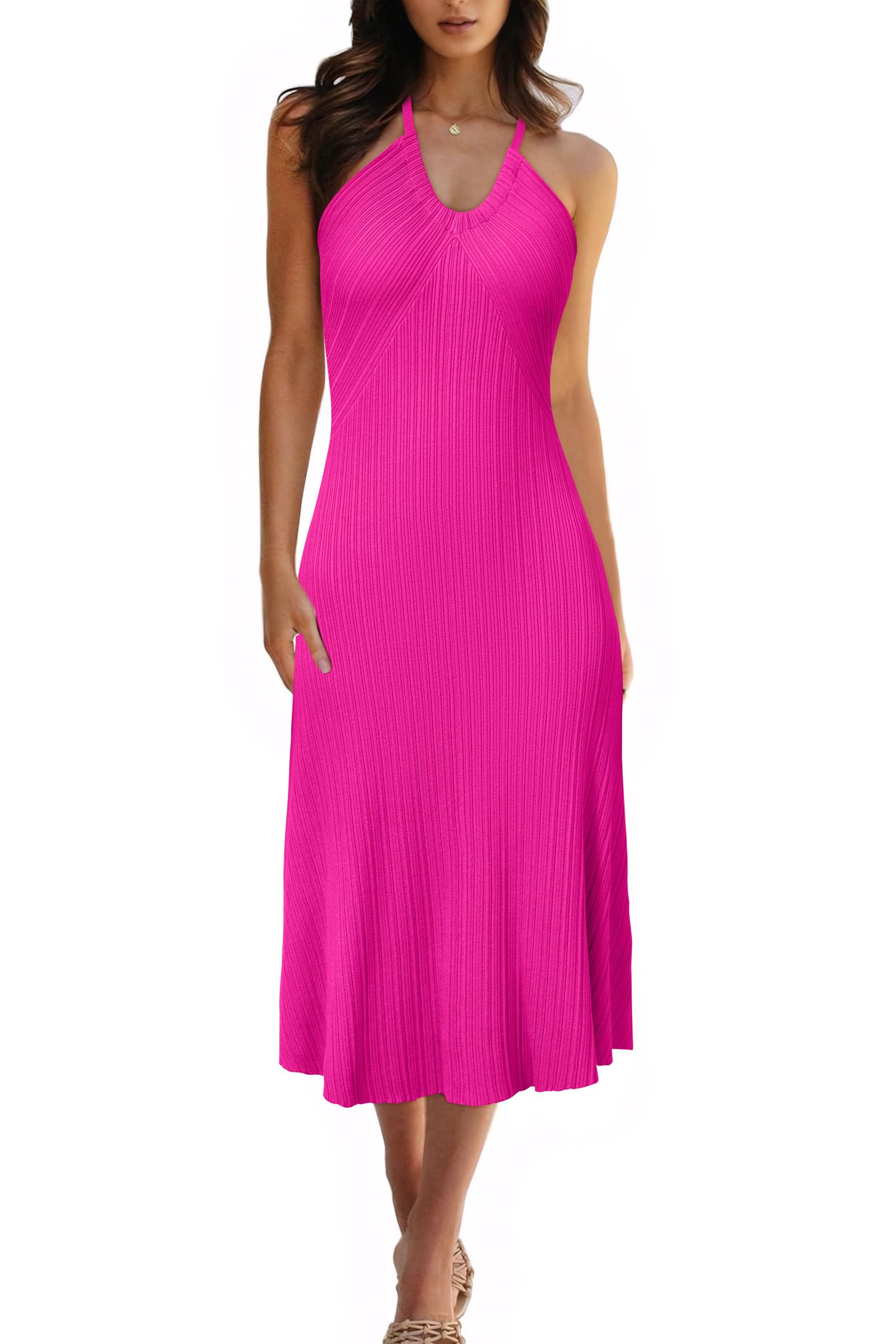Arach&amp;Cloz Women's Knit Adjustable Halter V Neck Summer Vacation Dress 2025