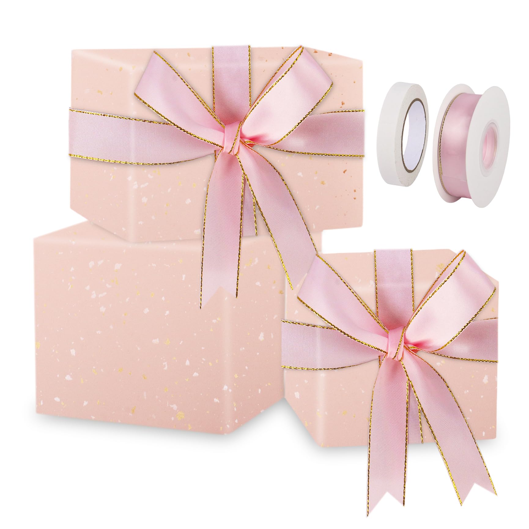 54 x 78cm Pink Wrapping Paper, 6 Sheets Silver Gold Foil Birthday Wrapping Paper with Pink Ribbon and Double-sided Tape Recyclable Kraft Gift Wrap Paper for Wedding Birthday