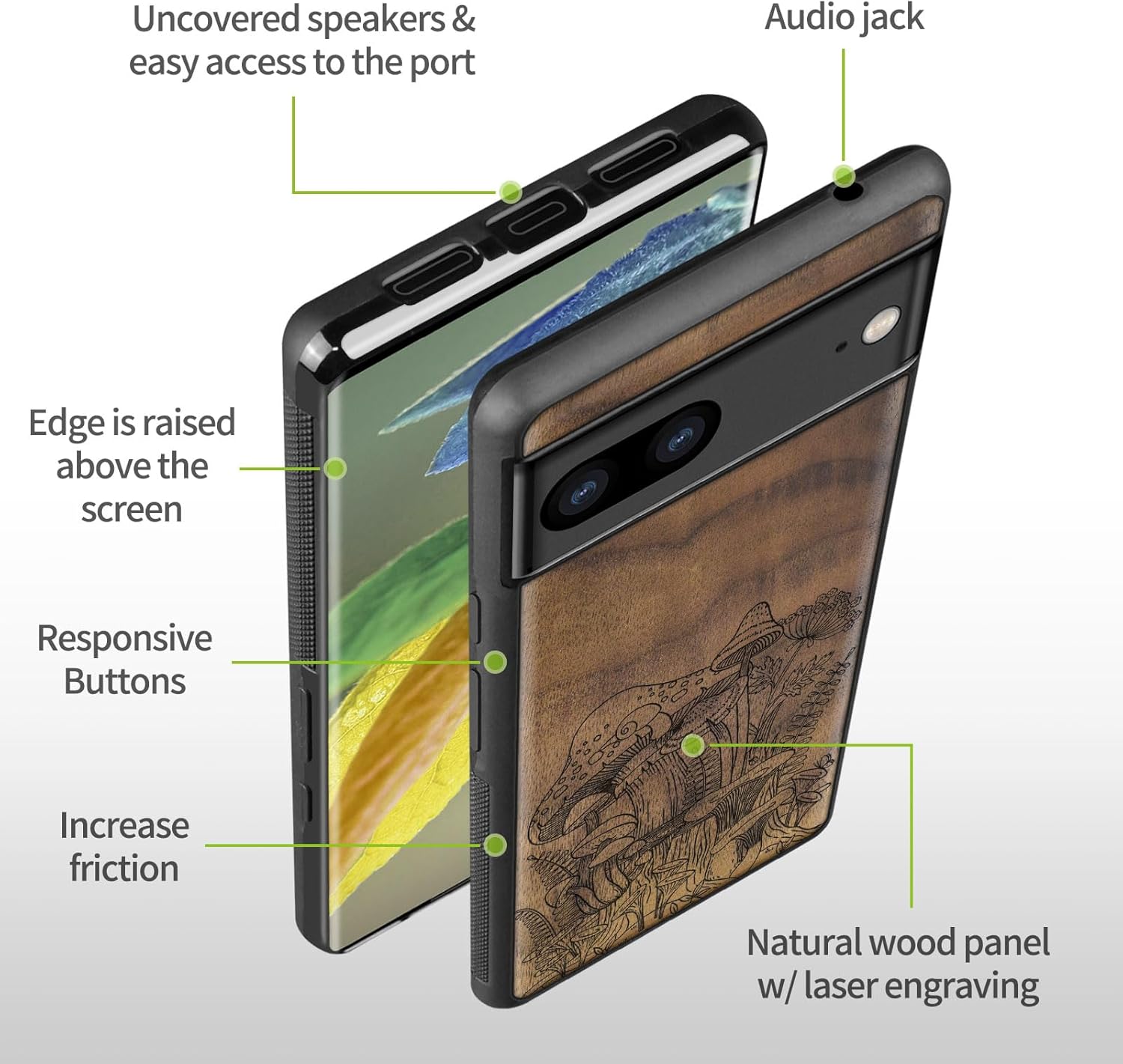 Carveit Wood Case for Pixel 7a Case [Natural Wood & Black Soft TPU] Shockproof Protective Unique & Classy Wooden Phone Cover Compatible with Google Pixel 7a (Vintage Mushrooms-Walnut)