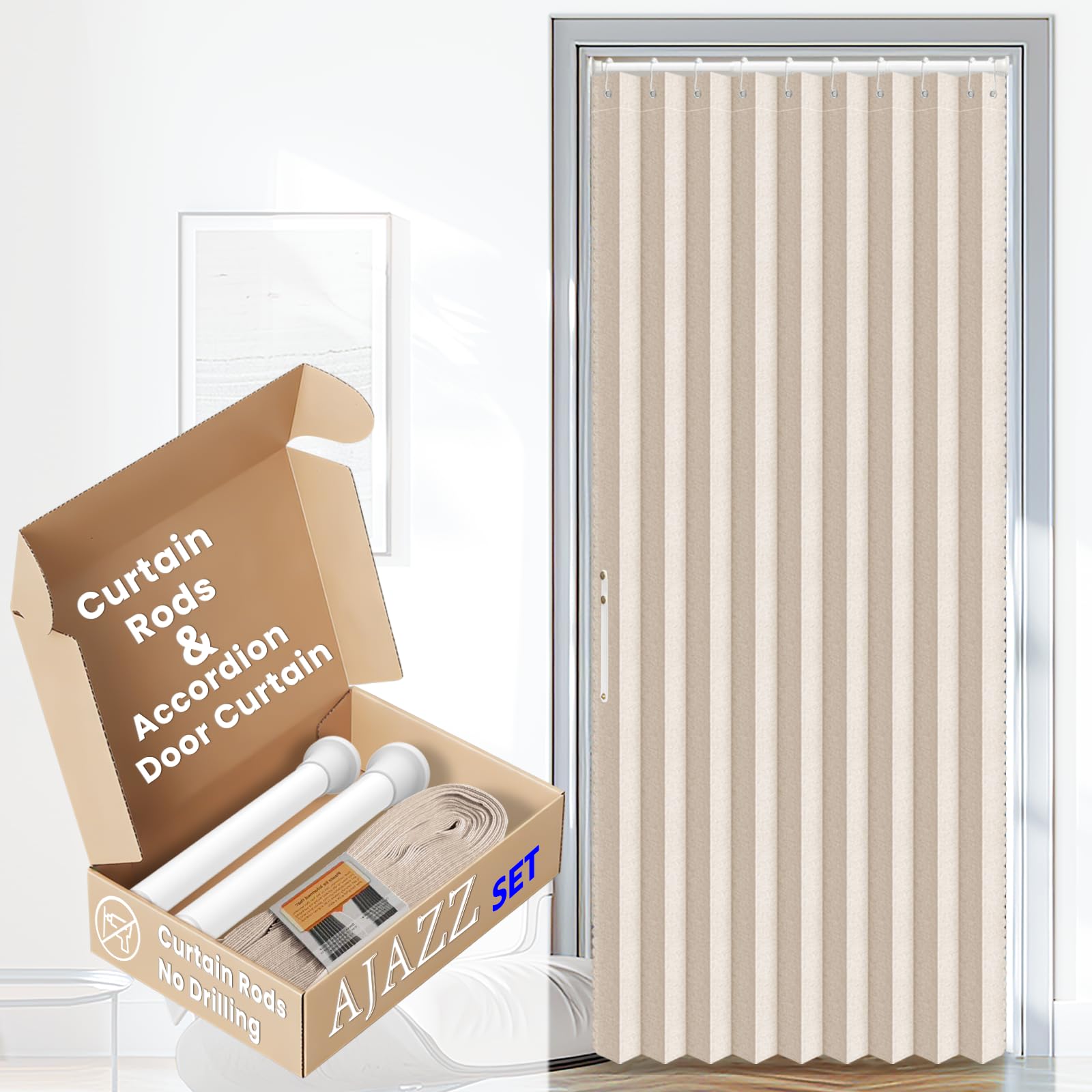 AJAZZ Blackout Accordion Door with Curtain Rods Adjustable 28-39" Long Invisible Sliding Glass Door Curtain for Bedroom Living Room Doorway Curtain Sets (1 Pack, 42 W x 78 L, Cream Yellow)