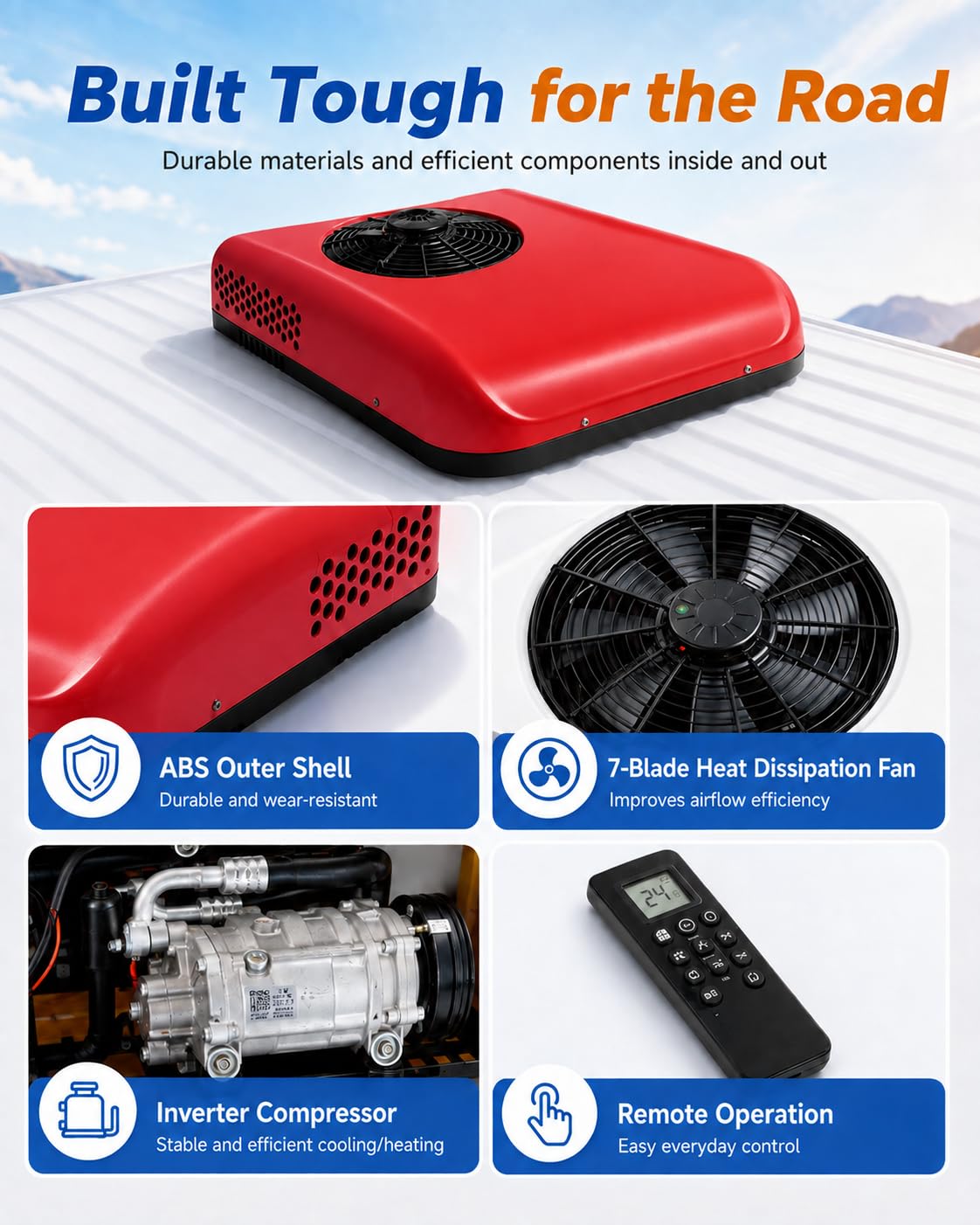 Klimatyzator Dachowy 12V/24V DC do Kampera i Ciężarówki, Grzanie Red-12V