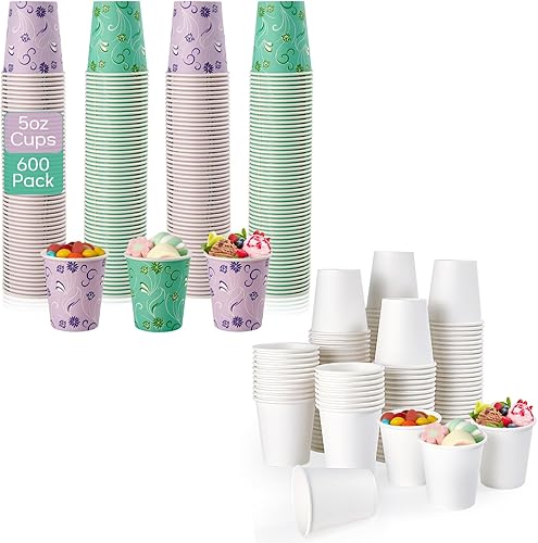 Paquete de 1200 vasos de papel desechables, paquete de 600 tazas de café espresso blanco de 4 onzas y 600 vasos coloridos para enjuague bucal de 5