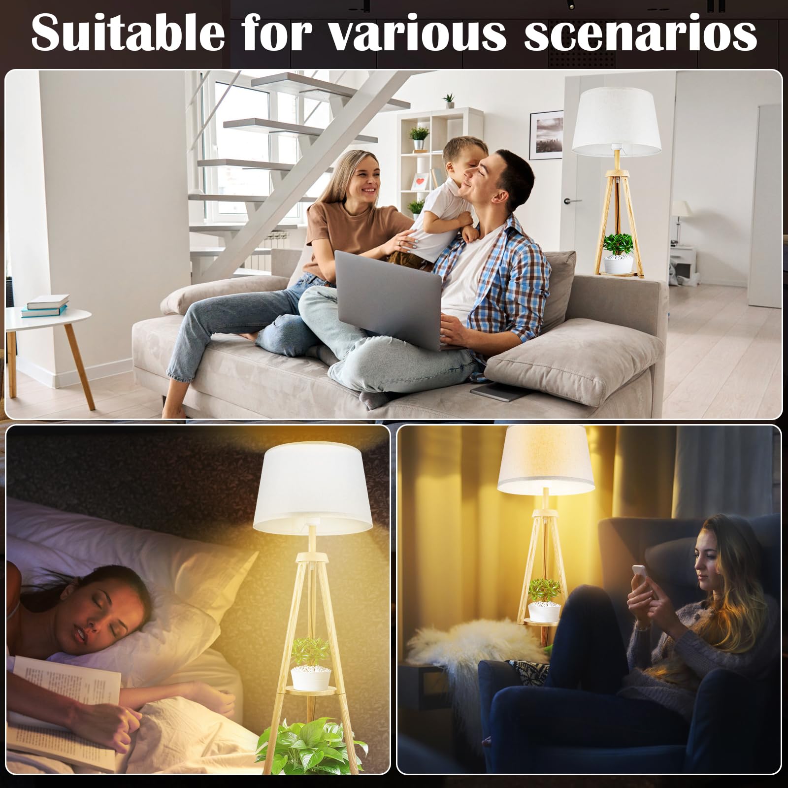 Lampadaire LED en Bois Réglable avec Télécommande, 3 Tons, Minuterie 1H, Interrupteur Pied