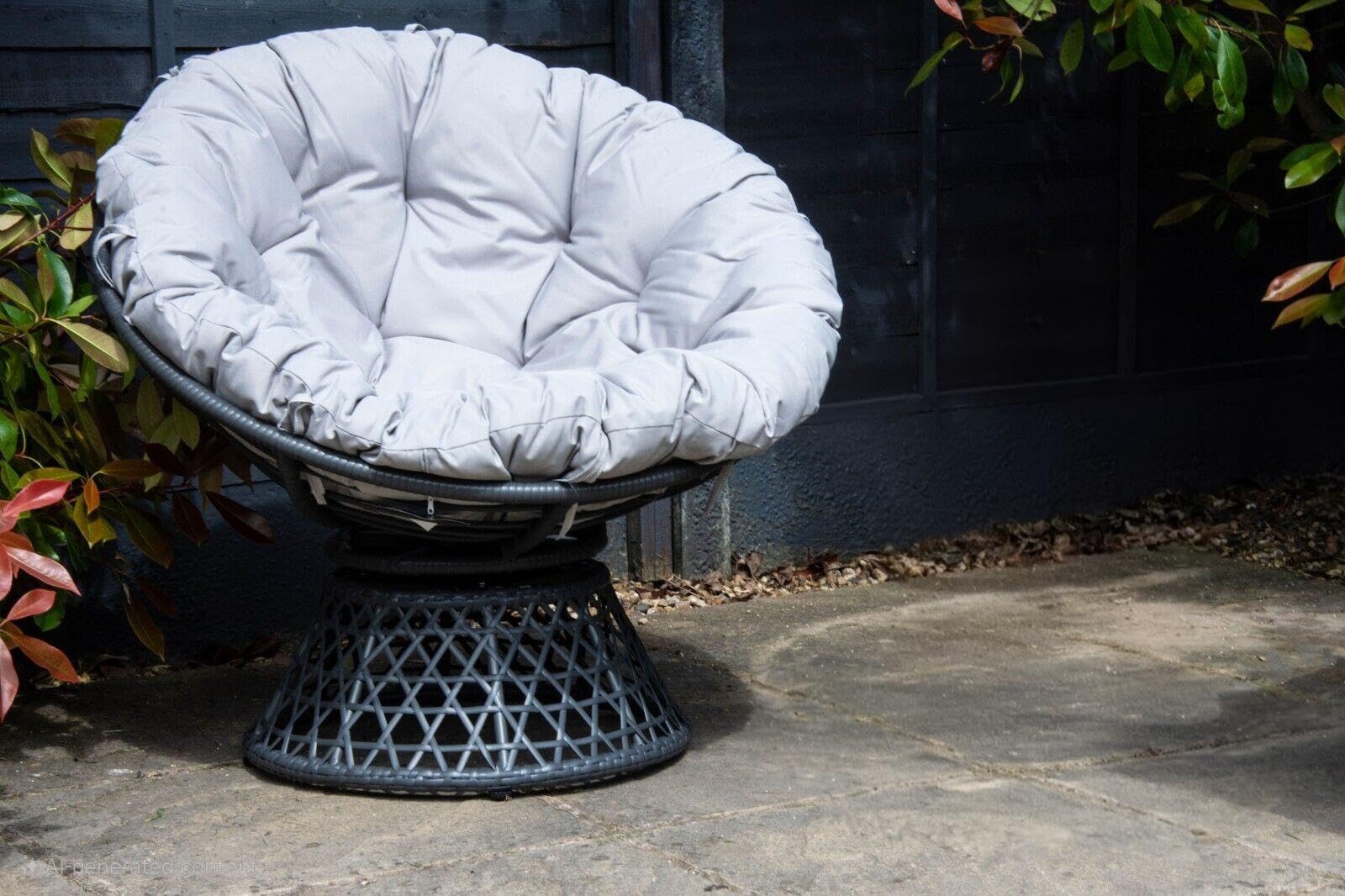 SH&G Rattan Swivel Chair | 360 Papasan Moon Chair | Grey Rattan with Grey Cushion | Indoor & Outdoor