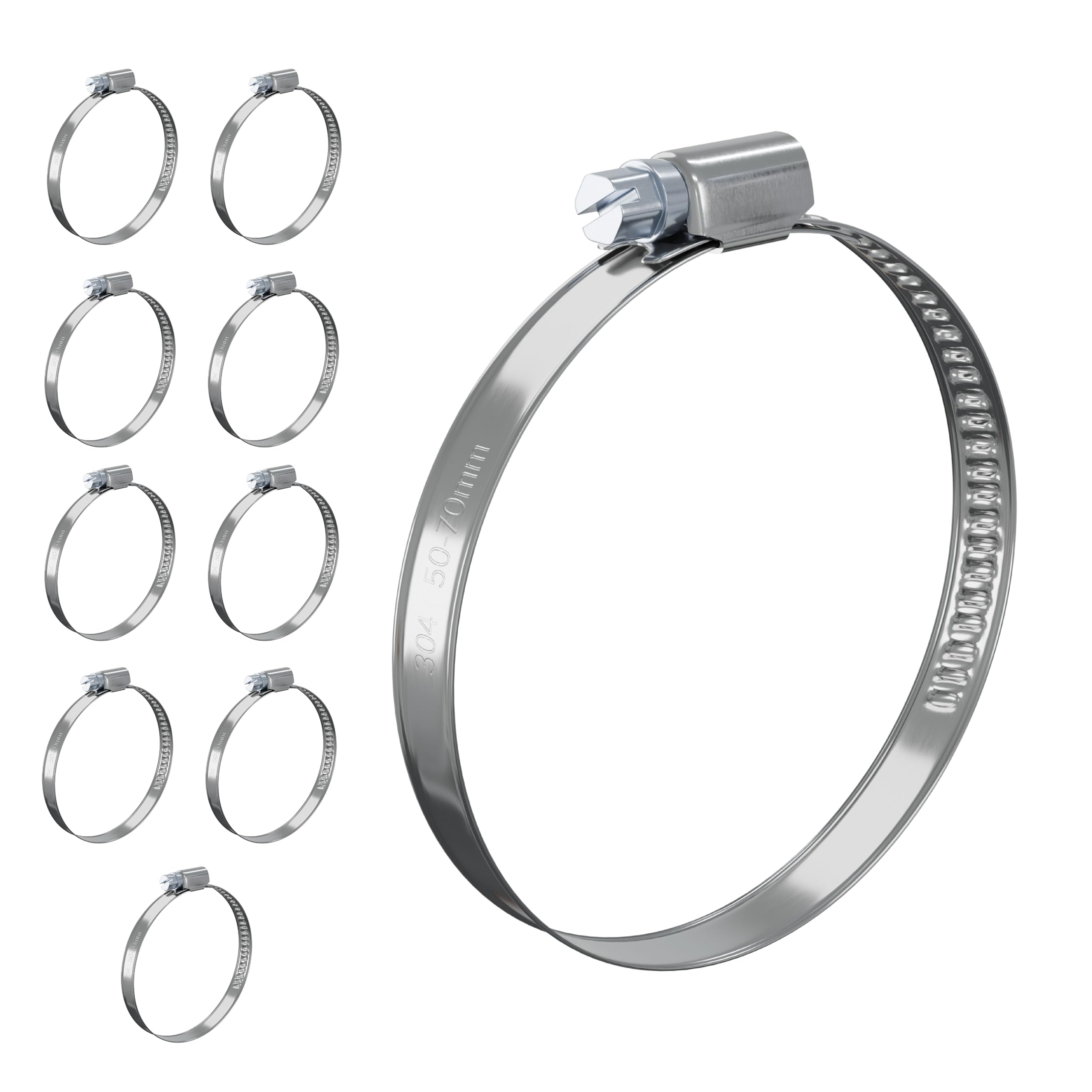 10 PcsHose Clips Adjustable Jubilee Clips 50-70mm, 304 Stainless Steel Hose Clamps, Assorted Worm Drive Pipe Clip Clamps for Exhaust Hoses Gas Water Pipes Fuel Line Garden Connections(50-70mm)