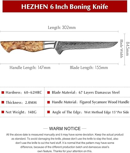 Vista 43 de HEZHEN Juego de cuchillos de cocina de 7 piezas, cuchillo de chef profesional de acero de Damasco de alto carbono, Santoku, pan, utilidad, cuchillos