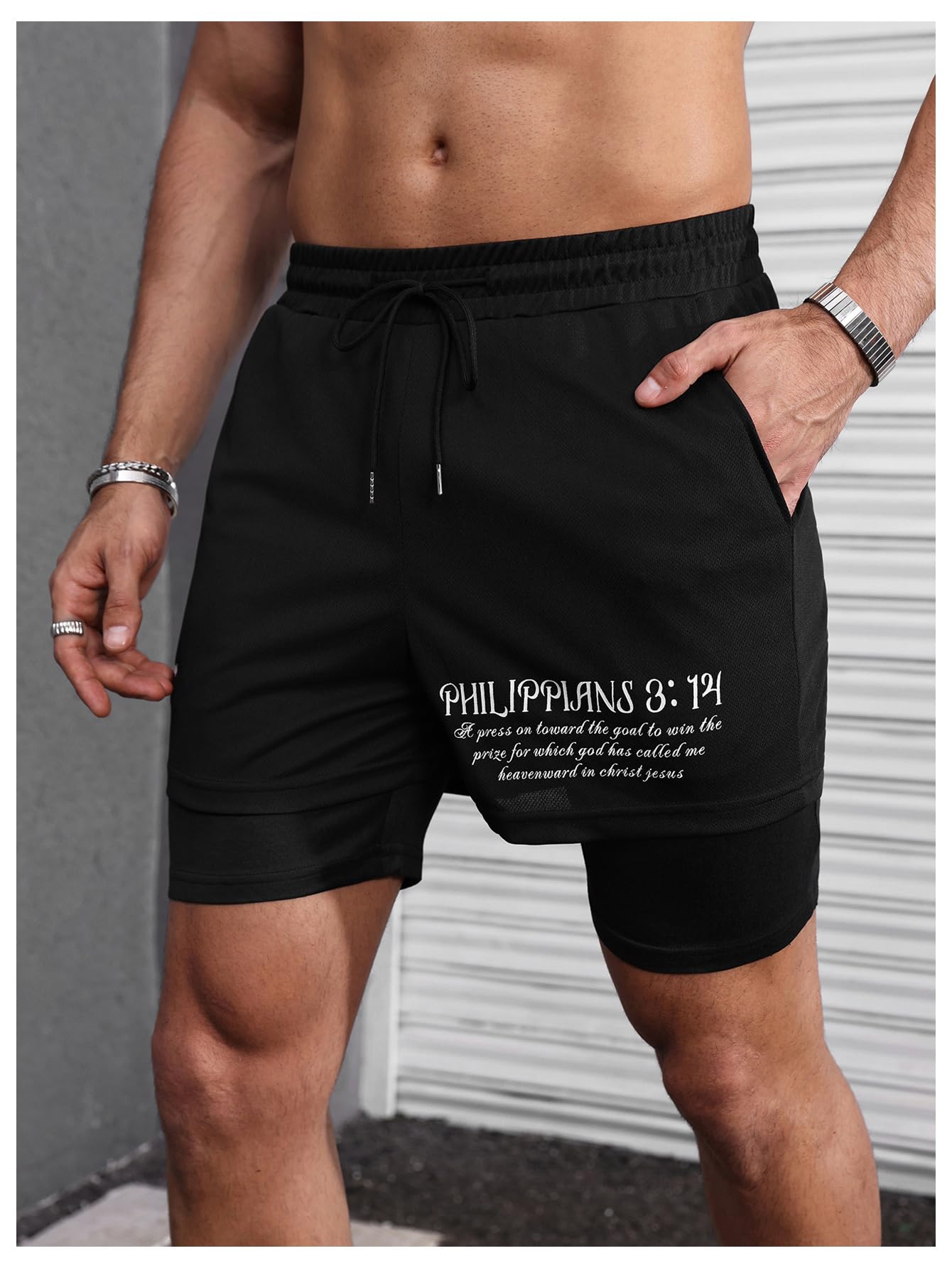 Floerns Pantaloncini da corsa 2 in 1 da uomo, stampa incrociata, atletica, palestra, allenamento, pantaloncini con fodera a compressione