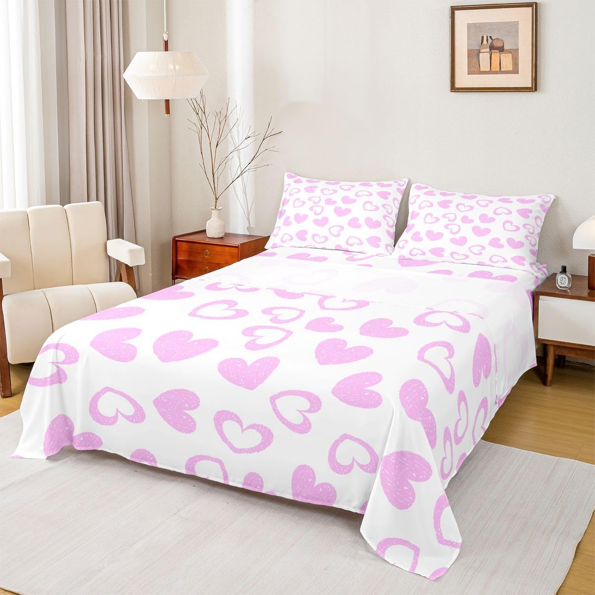 Erosebridal Cute Heart Sheet Set Purple Love Geometric Twin Sheets Set for Toddler Boys | Cartoon Love Geometric Hand Drawn Valentine's Day Theme Fitted Sheet,Kawaii Room Decor Aesthetic