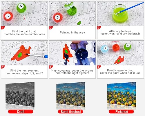 Miniatura 3 de TUMOVO Pintura de bricolaje por números, flores sin llama por números para adultos y niños, kits de pintura por números de paisaje para adultos