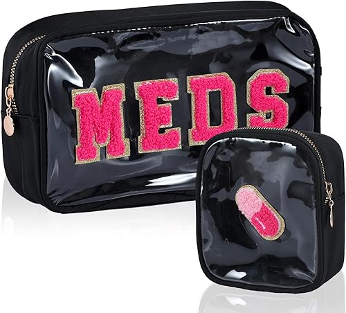 Hillban 2 bolsas para medicamentos de chenilla, bolsa de viaje, bolsa de viaje transparente de PVC, bolsa de cosméticos transparente de PVC, mini