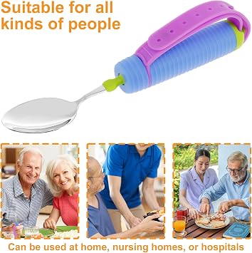 Adaptive Utensils Spoons Forks Set Weighted, Non-Slip Handles & rubber strap for Hand Tremors, Muscle Weakness, Elderly, Adaptive Eating Tableware Spoon Fork Holder, Disabled Assistive Equipment