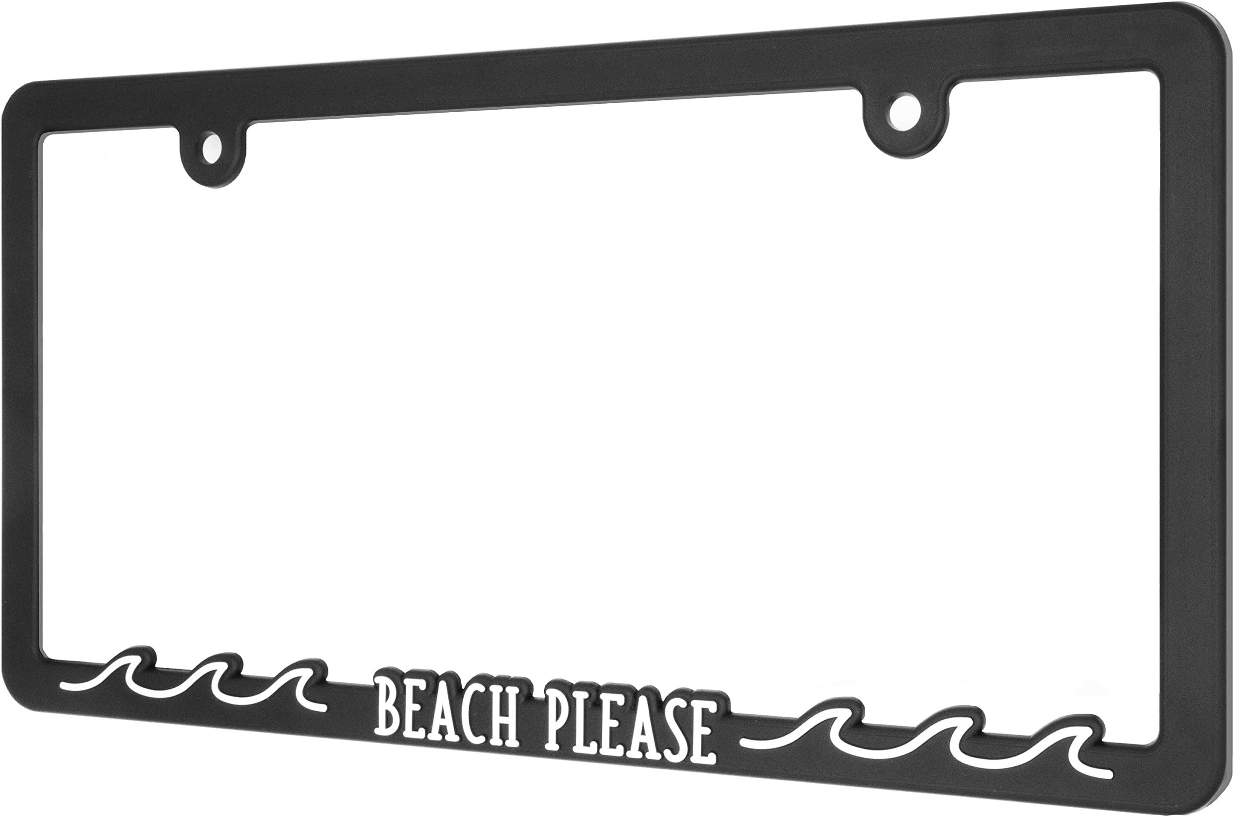 Spiffy Beach Please License Plate Frame | Made in The USA | Holder Cover fits USA/CAN Vehicles | Vibrant Raised Lettering | Heavy Duty Polyurethane | Securing Clips | Original Design