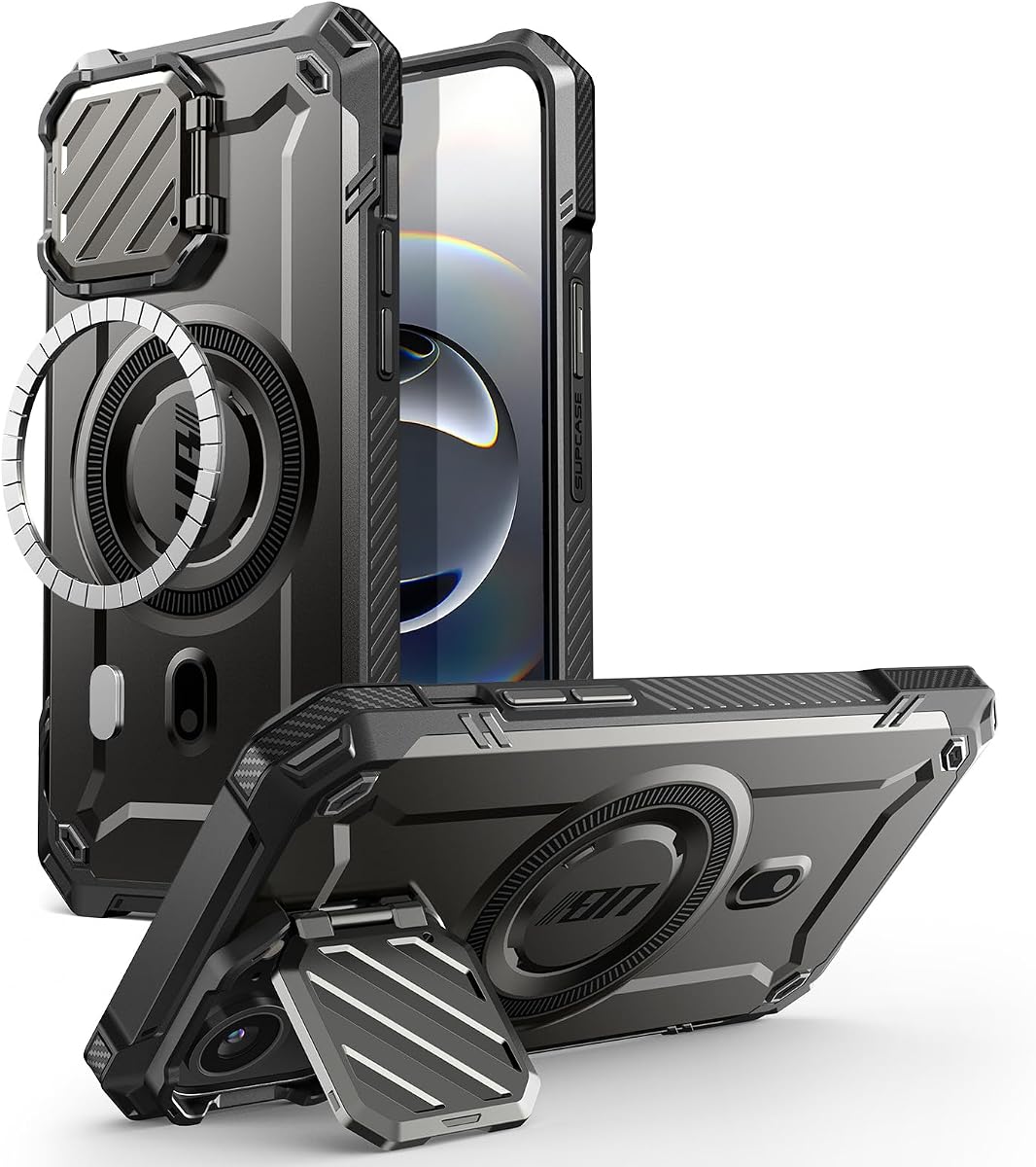 for iPhone 17e/16e Case with Camera Cover Stand, Black | Compatible with MagSafe, Built-in Kickstand, Military-Grade Protection, Magnetic Phone Case for iPhone 15/14/13, UBMag XT