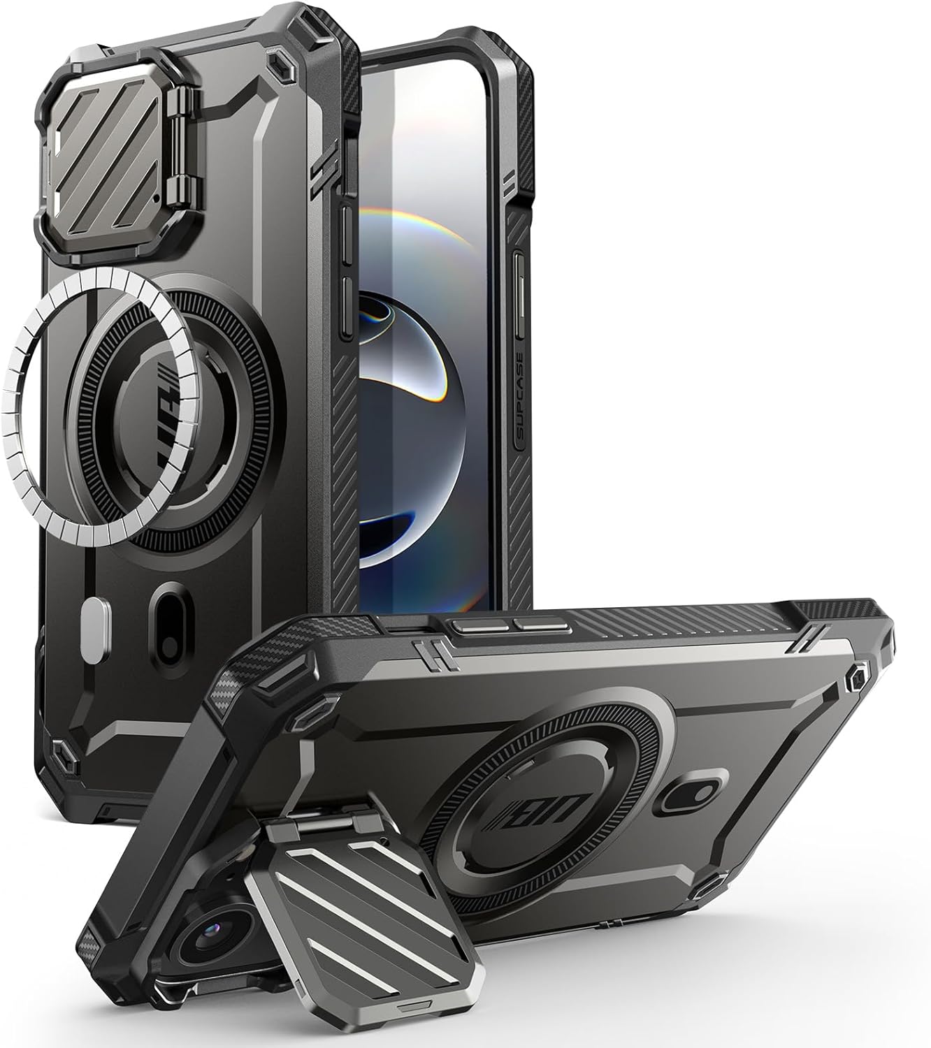 SUPCASE for iPhone 17e/16e Case with Camera Cover Stand (UBMag XT), [Compatible with MagSafe] [Built-in Kickstand] [Military-Grade Protection] Heavy Duty Magnetic Case for iPhone 15/14/13, Black | with Camera Cover, Stand, Built-in Kickstand, Heavy Duty