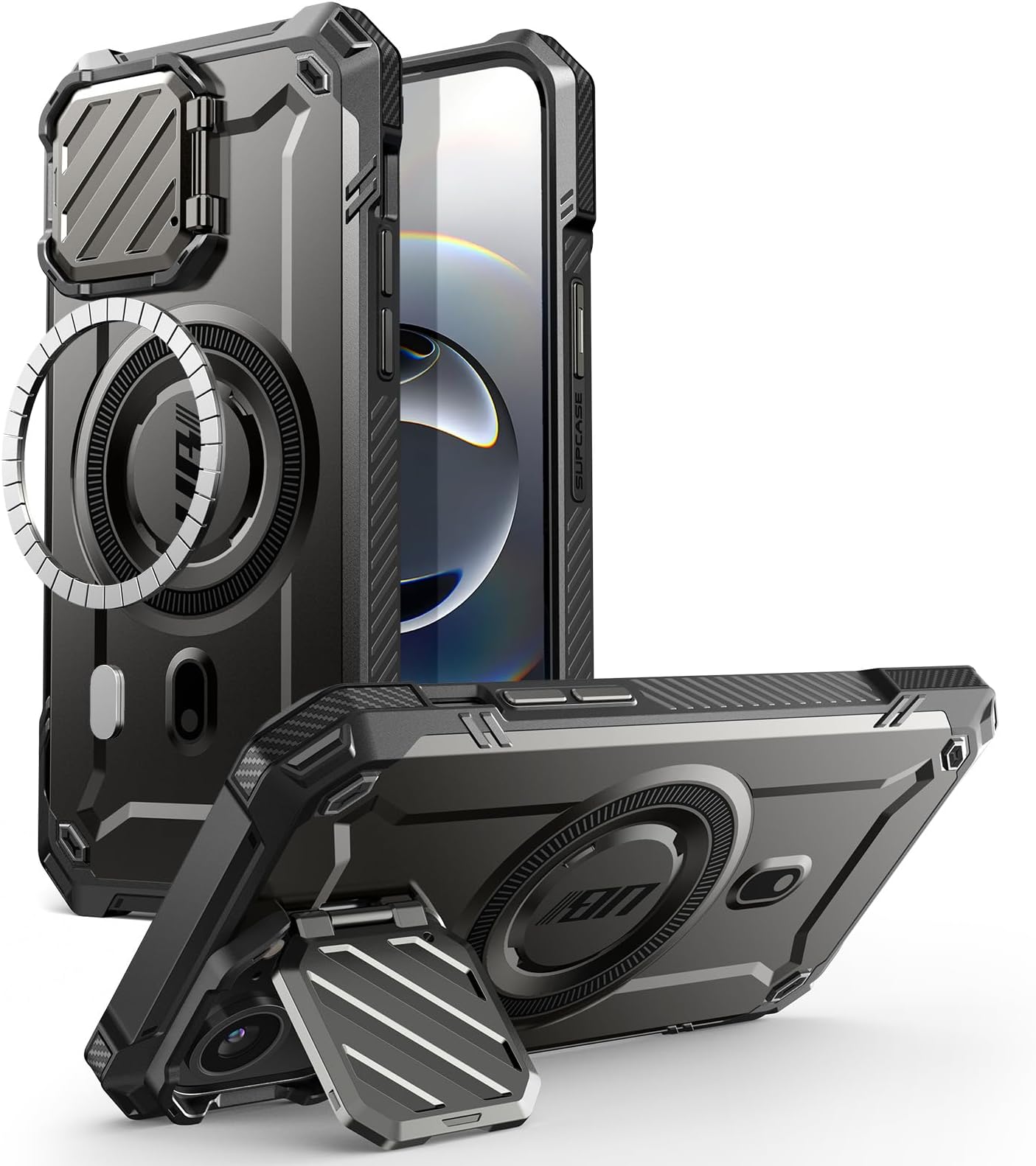 SUPCASE for iPhone 17e/16e Case with Camera Cover Stand (UBMag XT), [Compatible with MagSafe] [Built-in Kickstand] [Military-Grade Protection] Heavy Duty Magnetic Case for iPhone 15/14/13, Black | with Camera Cover, Stand, Built-in Kickstand, Heavy Duty