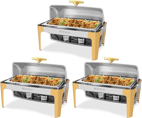 Miniatura 9 de ROVSUN Juego de bufé de acero inoxidable de 9 cuartos de galón con detalles dorados, bandeja de calentamiento rectangular para bufé y calentadores,