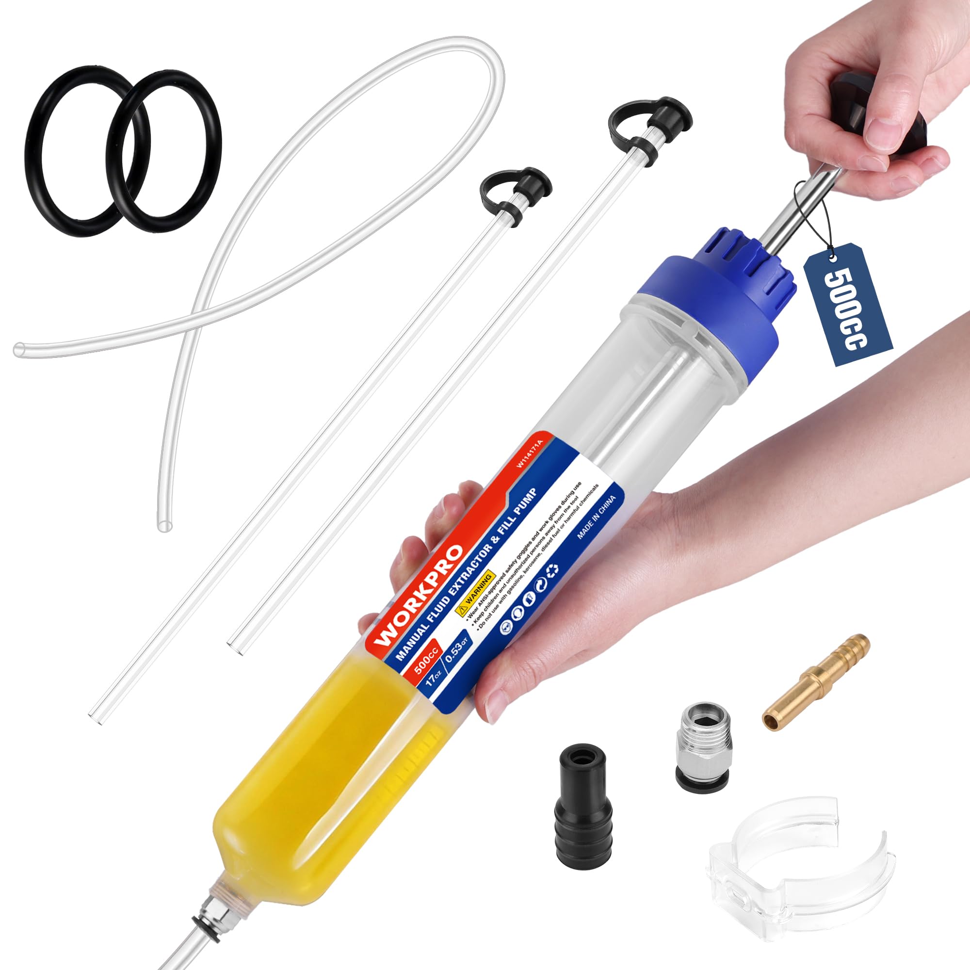 WORKPRO 500CC Manual Fluid Extractor, Multi-Purpose Oil Syringe, Oil Suction Pump, Manual Extraction and Filling Pump, Automotive Oil Syringe