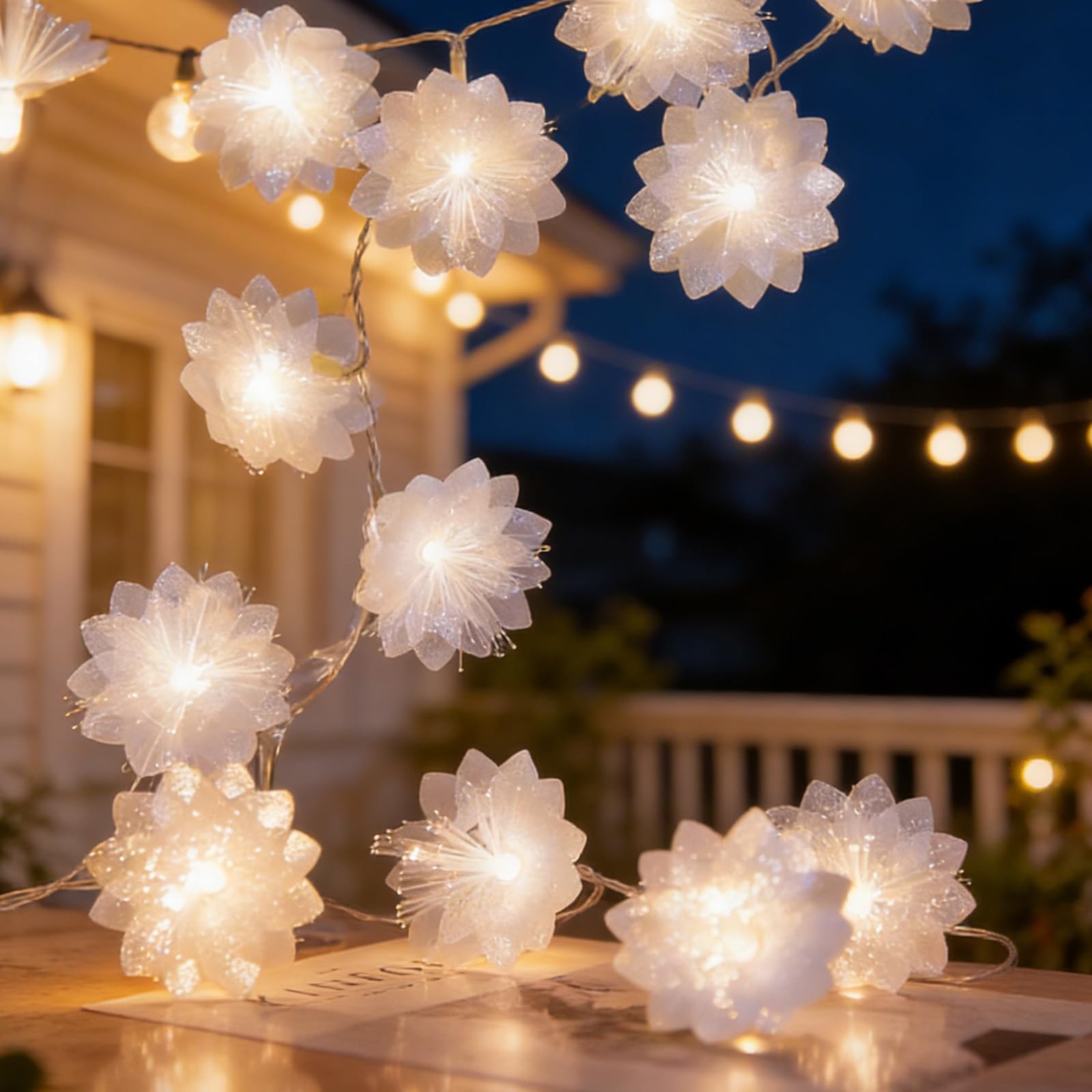 Falafoty Decorative Flower Fairy String Lights, 3M 20LED Indoor Warm White Fairy Light Clear Cable,Battery Powered Blossom Flower Lights for Bedroom Home Wedding Valentines Birthday Spring Decoration