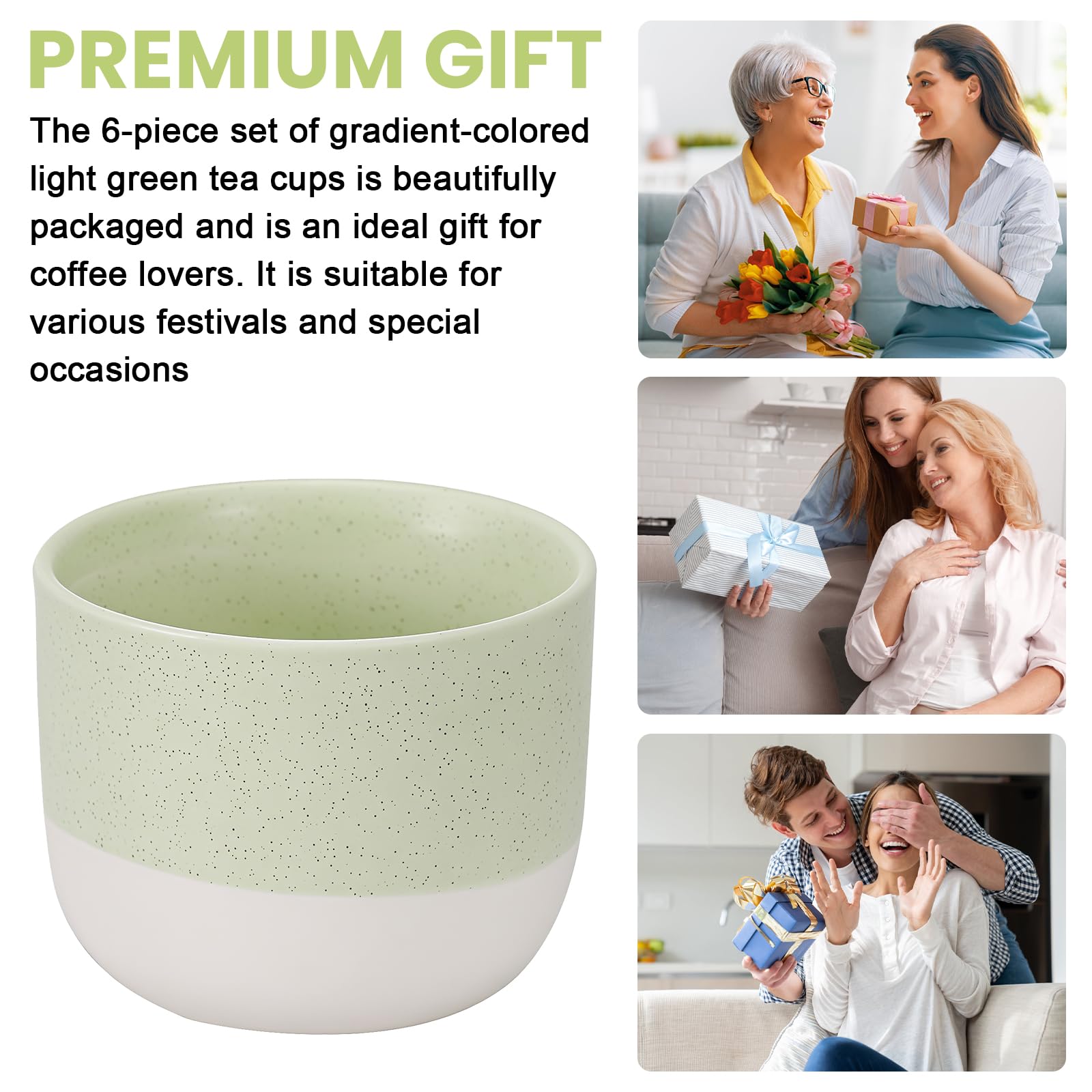 Set di 6 tazze da tè verde chiaro con gradiente, 150 ml, in ceramica, senza manico, tazze da caffè a doppia parete, tazze smaltate