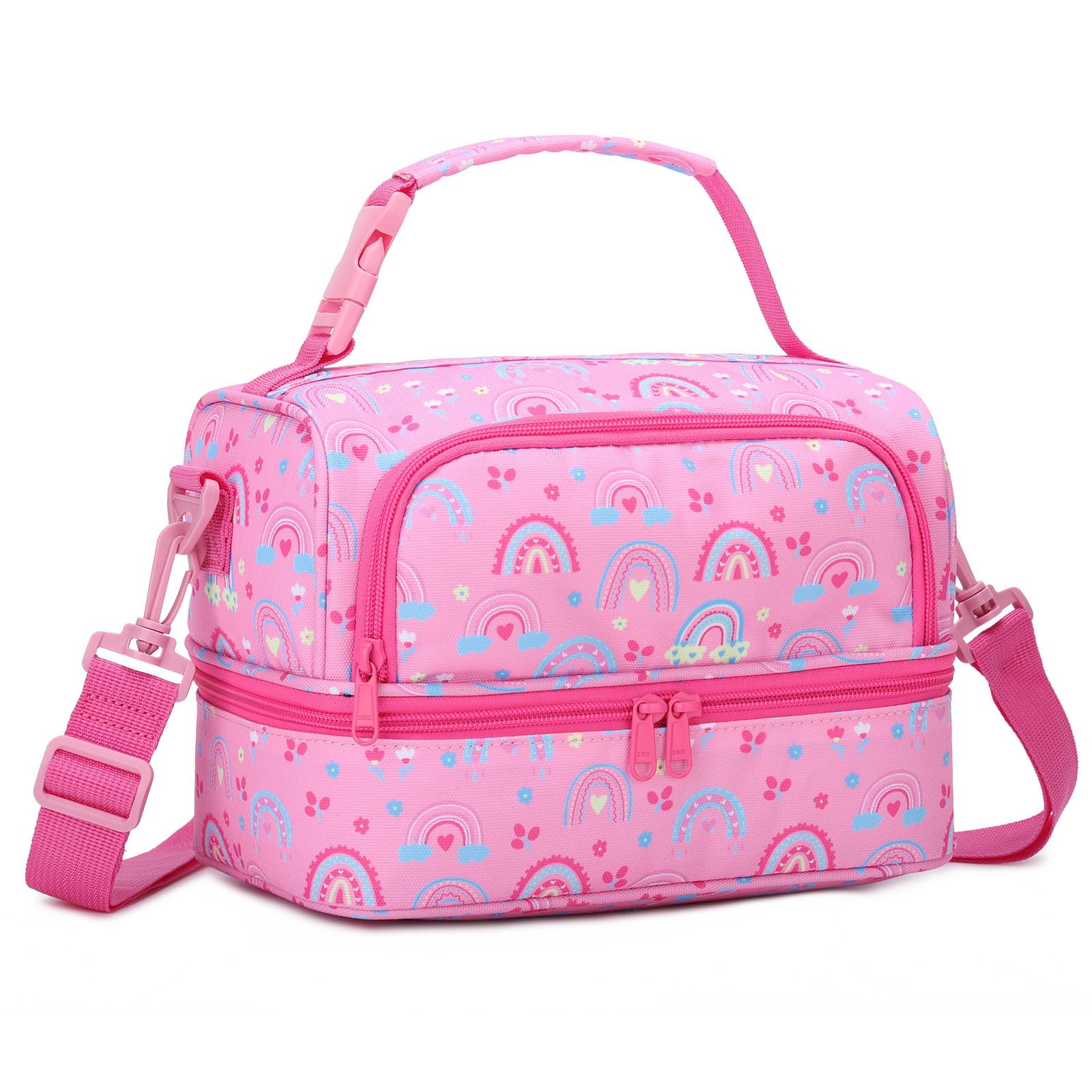 Chase Chic Lunchtasche Kinder,Isolierte Kühltasche für Mädchen Junge,Leicht Lunch Tasche mit Zwei Fächern und Abnehmbarer Verstellbarer für Kindergarten, Schule, Picknick, Strand(Rosa Regenbogen)