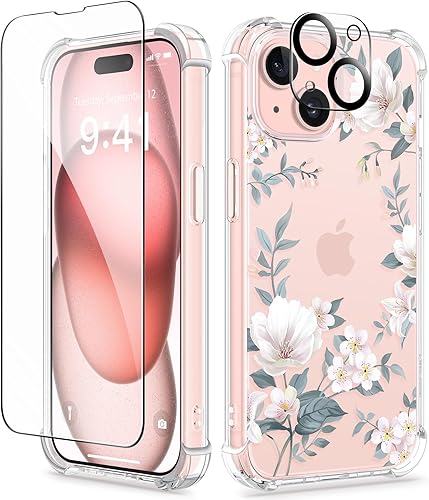GVIEWIN Funda 5 en 1 diseñada para iPhone 15 Plus de 6.7 pulgadas, con 2 protectores de pantalla + 2 protectores de cámara con flores transparentes