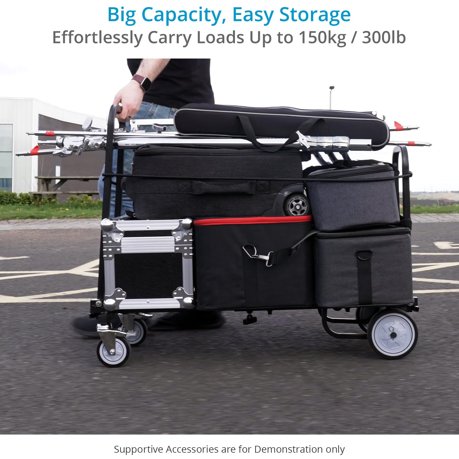 PROAIM Vanguard NANO składany wózek transportowy 8w1, udźwig 150 kg | Stalowy wózek z platformą 24–39″, koła 4″ skrętne i 6″ gumowe z hamulcami oraz składanym uchwytem.