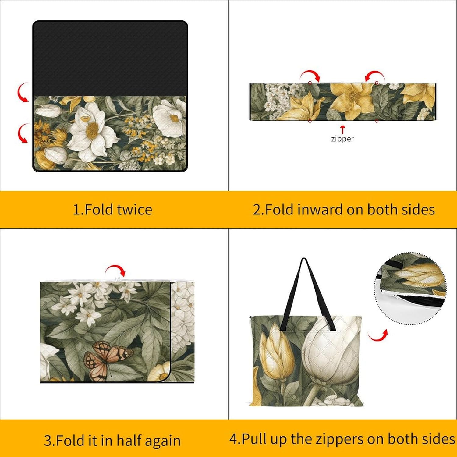 Picnic Blankets,Flowers and Butterflies Printed Picnic Blankets Waterproof Foldable,Large Picnic Blanket,Handy Mat Tote with Zipper Pocket for Camping on Grass