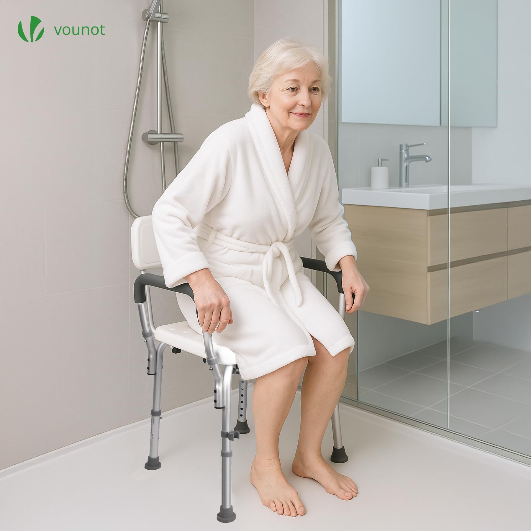 VOUNOT® Sedia da Doccia in Alluminio con Schienale e Braccioli, 6 Altezze Regolabili 71-83,5 cm, Sedile Bagno Ergonomica per Anziani e Disabili con Piedini Antiscivolo, Portata Max 136 kg, Bianco