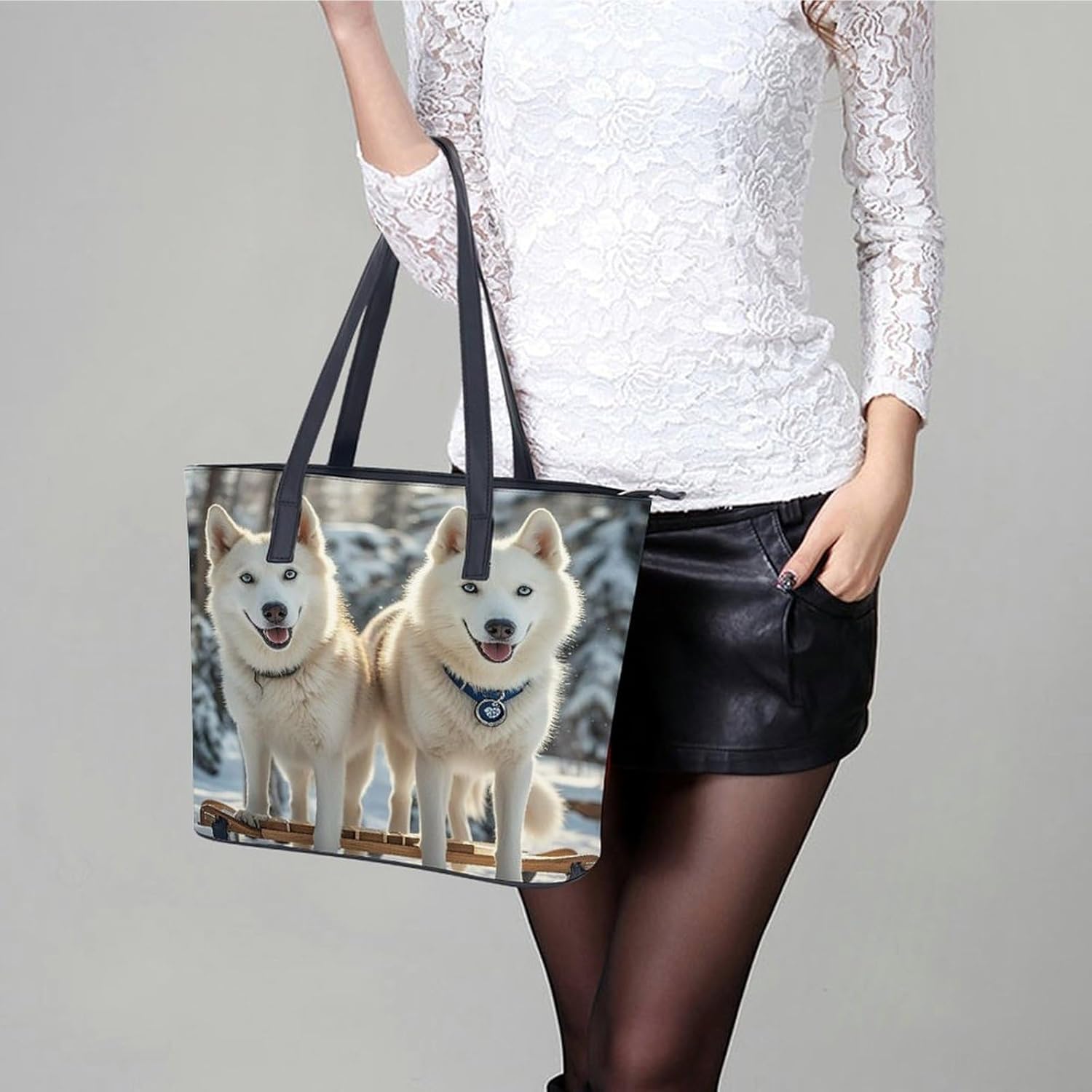 Husky Dogs Tote Bag Large Soft Leather Purse with Zipper Lightweight Ladies Shoulder Handbag