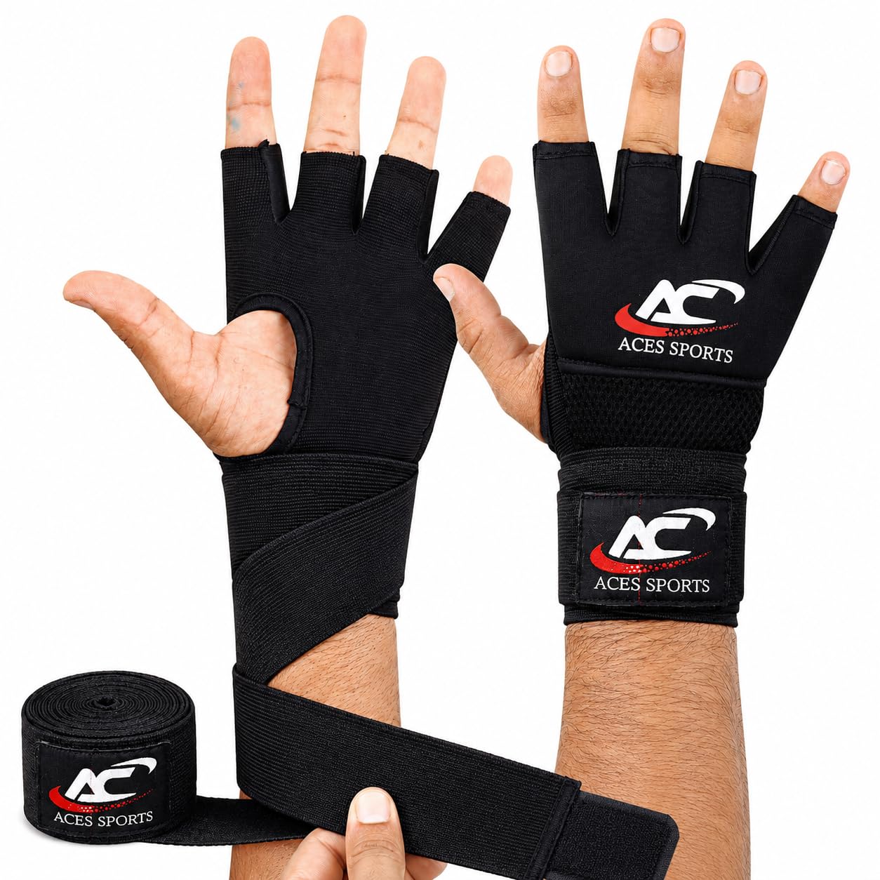 Aces Sports Fingerless Gel Gloves, MMA Training Gloves with Wrist Support, (Black, M)