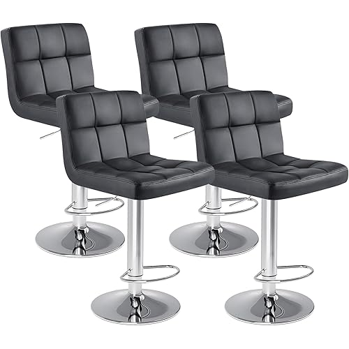 Bar Stools Set of 4, PU Leather Adjustable Swivel Barstools with Back, Armless Hydraulic Kitchen Counter Height Bar Stools, Thickened Seat Cushion Square Island Barstools