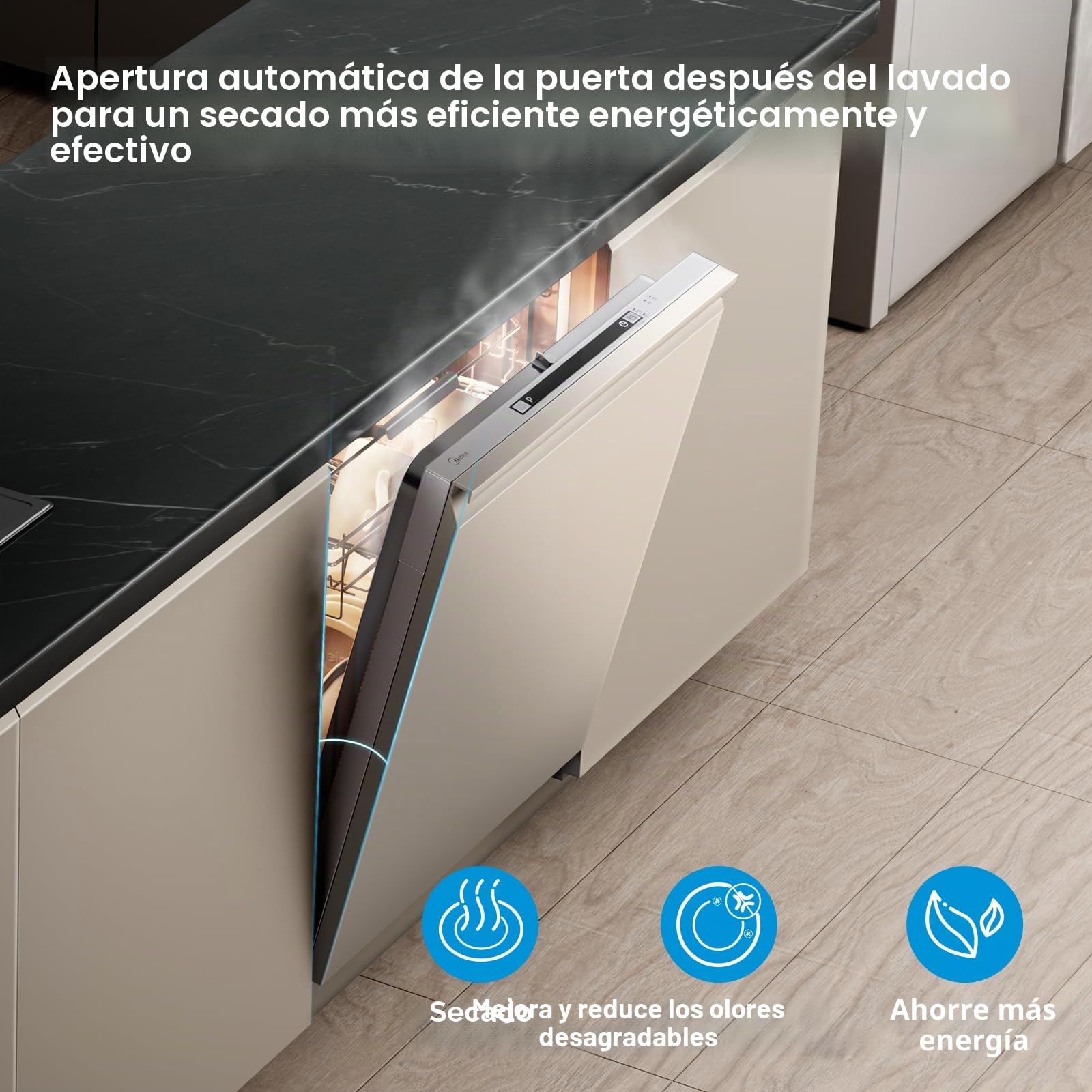 Midea SV 5.14K14C Lavavajillas Integrado 60 cm, 14 cubiertos, Lavavajillas integrable con WiFi, 8 programas, 44 dB, Apertura automática de puerta, 0-24H Inicio retardado, Acero inoxidable