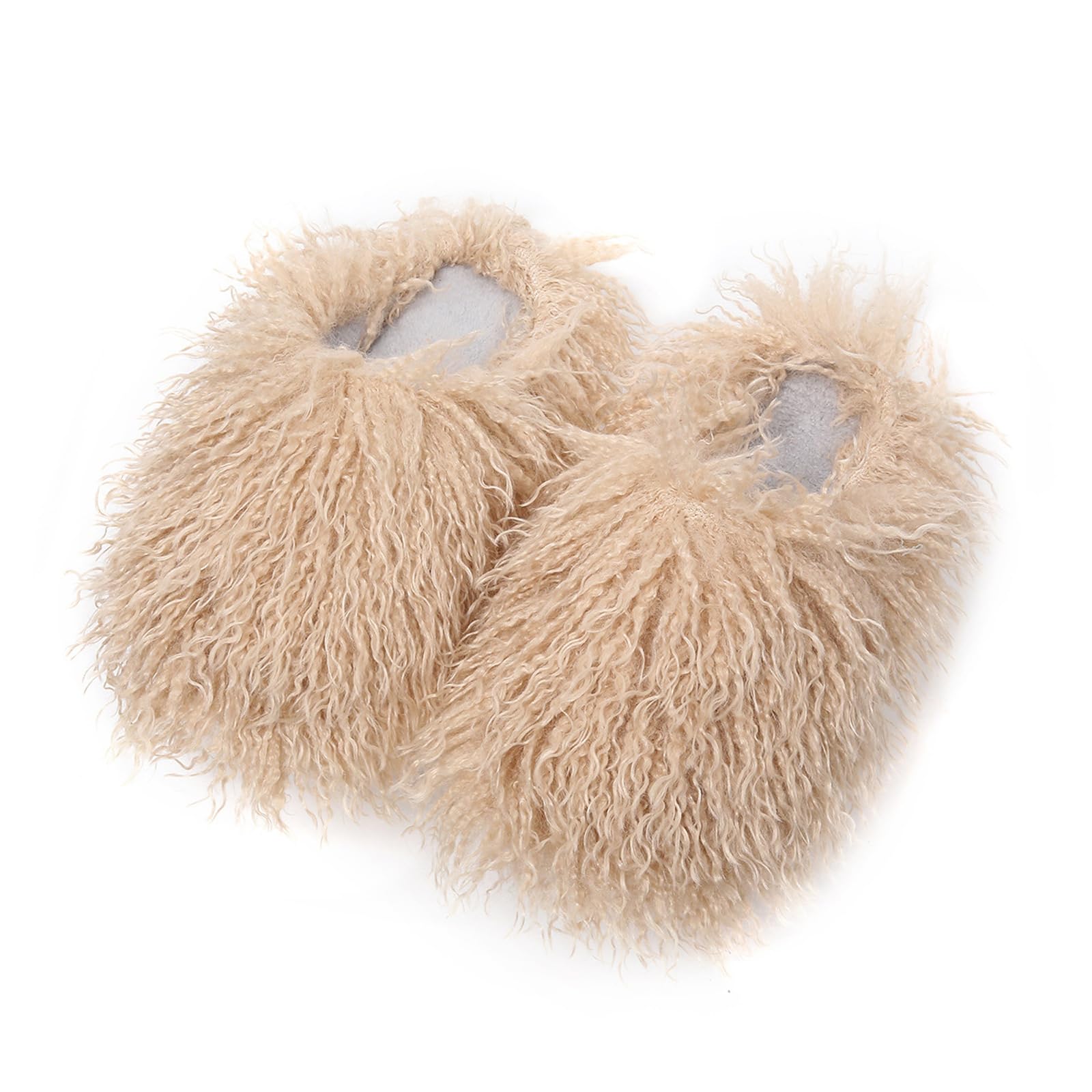 Unisex Fuzzy Faux Fur Slippers, Women's Fluffy Long Hair Sheep Faux Fur Slip on Slides, Girls Luxury Big Fluffy Outdoor Flat Slippers, Long Curly Hair Non-Slip Warm Home Slide Shoes