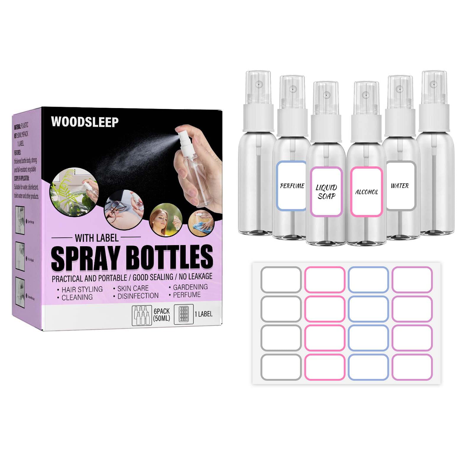 Spray Bottles, 2oz/50ml Clear Empty Fine Mist Plastic Mini Travel Bottle Set, Small Refillable Liquid Containers with 16pcs Labels