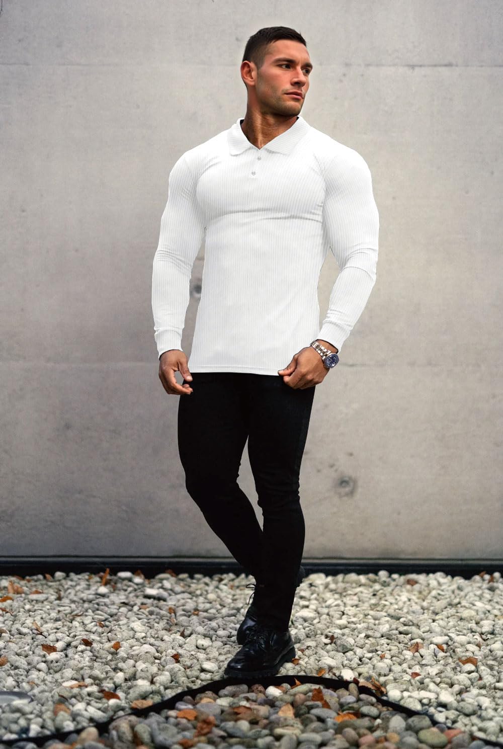 Lehmanlin Men's Muscle Polo Shirts Long&Short Sleeve Casual T- Shirts Slim Fit Stretch Ribbed Golf Tops - Image 6